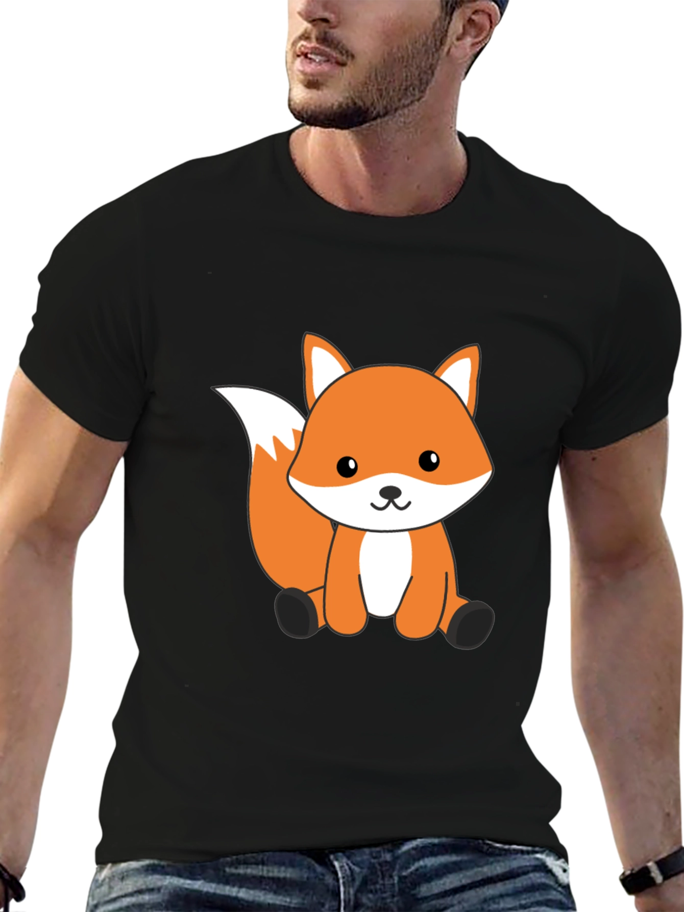 Cute Cartoon Fox Graphic T-Shirt - Black Cotton Tee