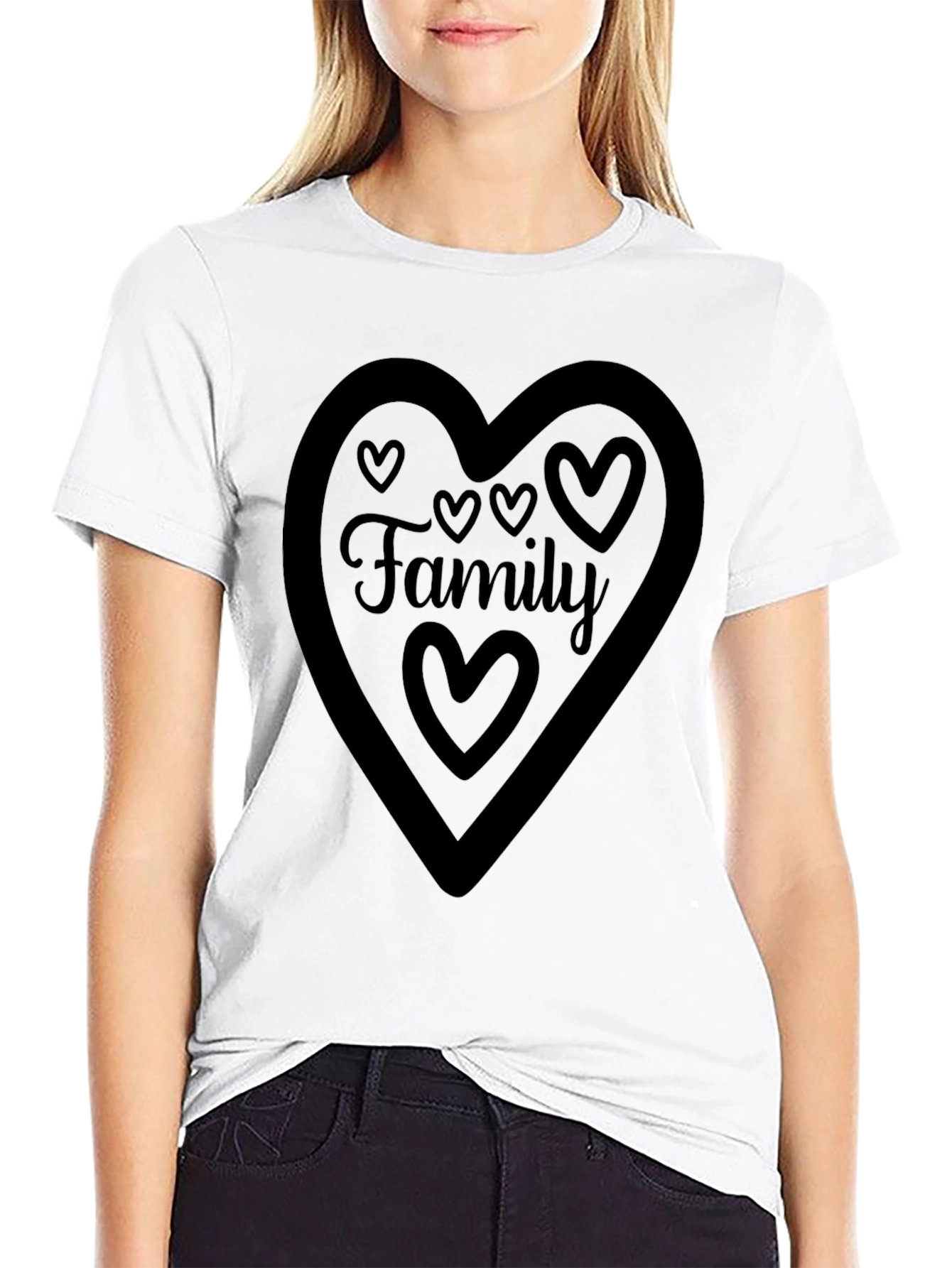 Family Heart Graphic Tee - Black Crew Neck Shirt