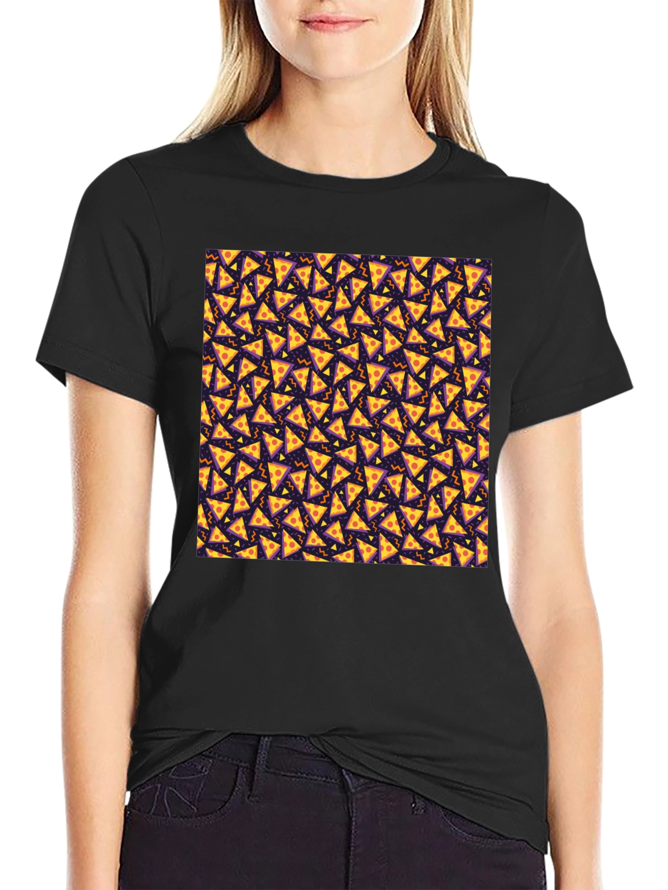 Pizza Slice Pattern Black T-Shirt