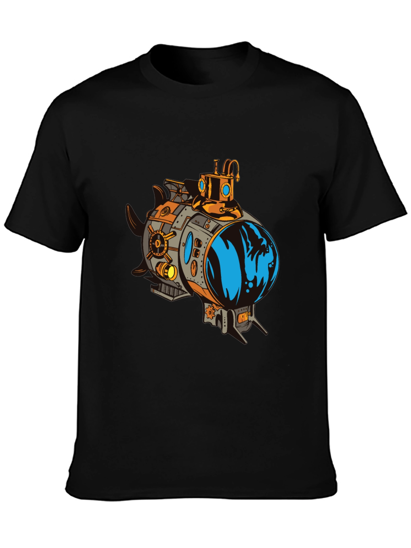Steampunk Submarine Graphic Tee - Black Cotton T-Shirt