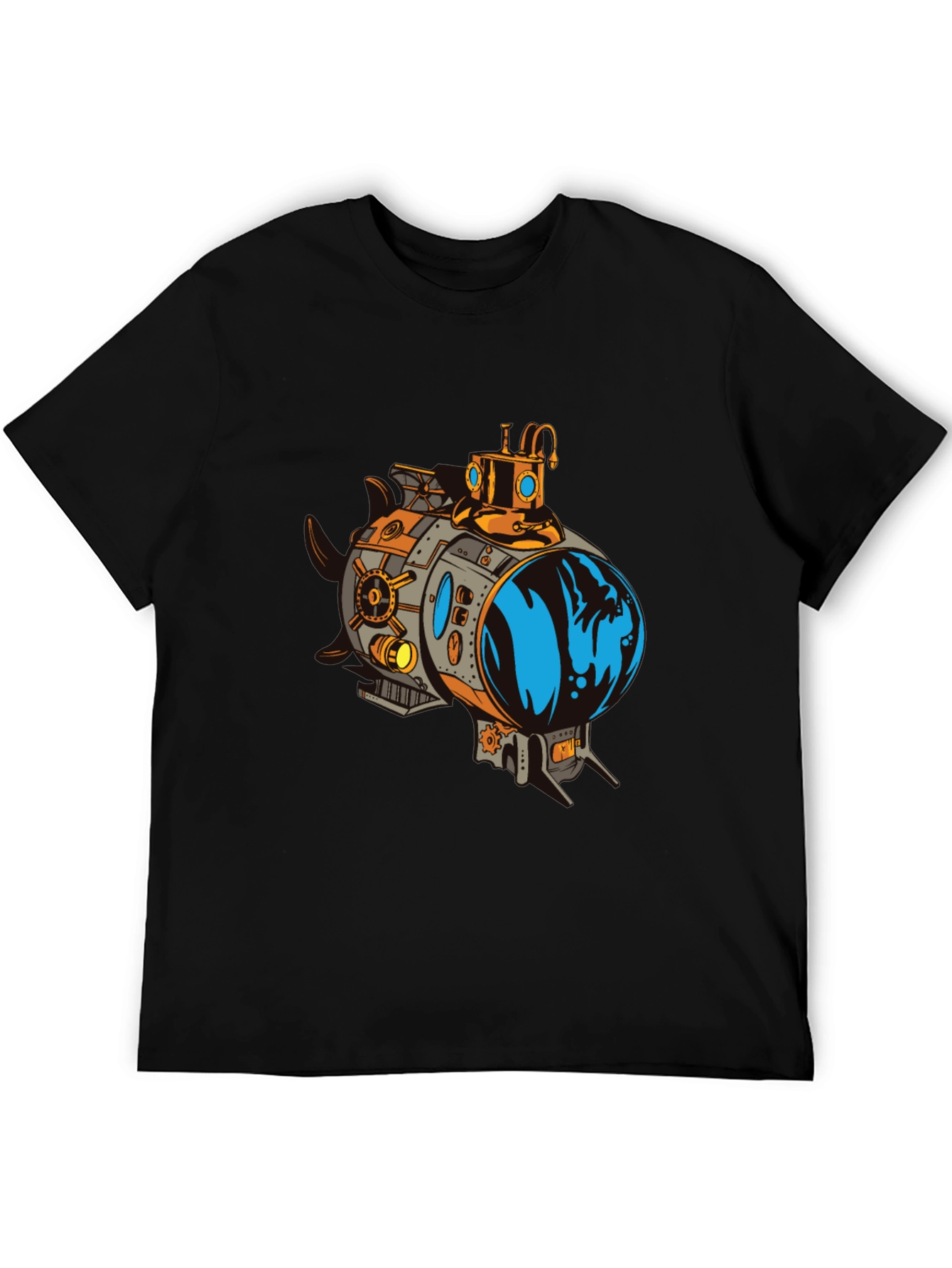 Steampunk Submarine Graphic Tee - Black Cotton T-Shirt