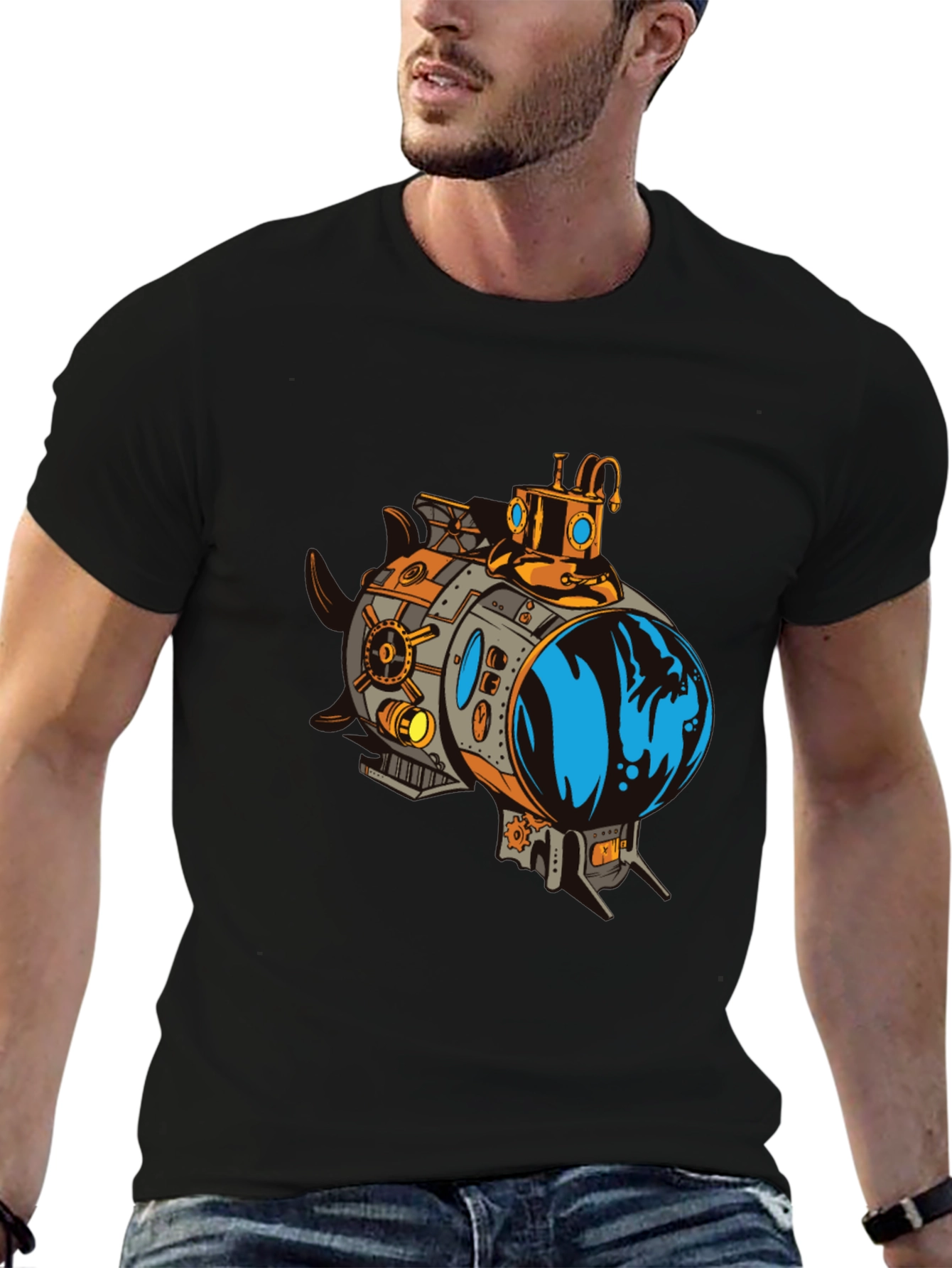 Steampunk Submarine Graphic Tee - Black Cotton T-Shirt