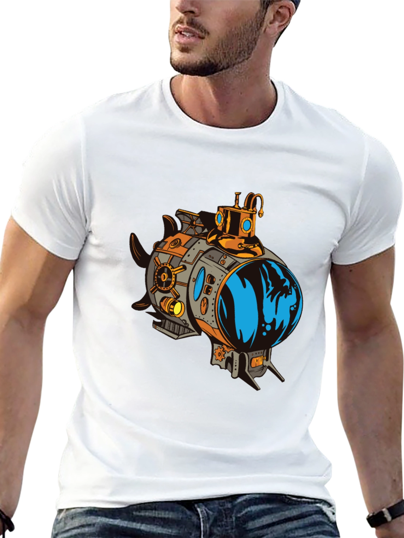Steampunk Submarine Graphic Tee - Black Cotton T-Shirt