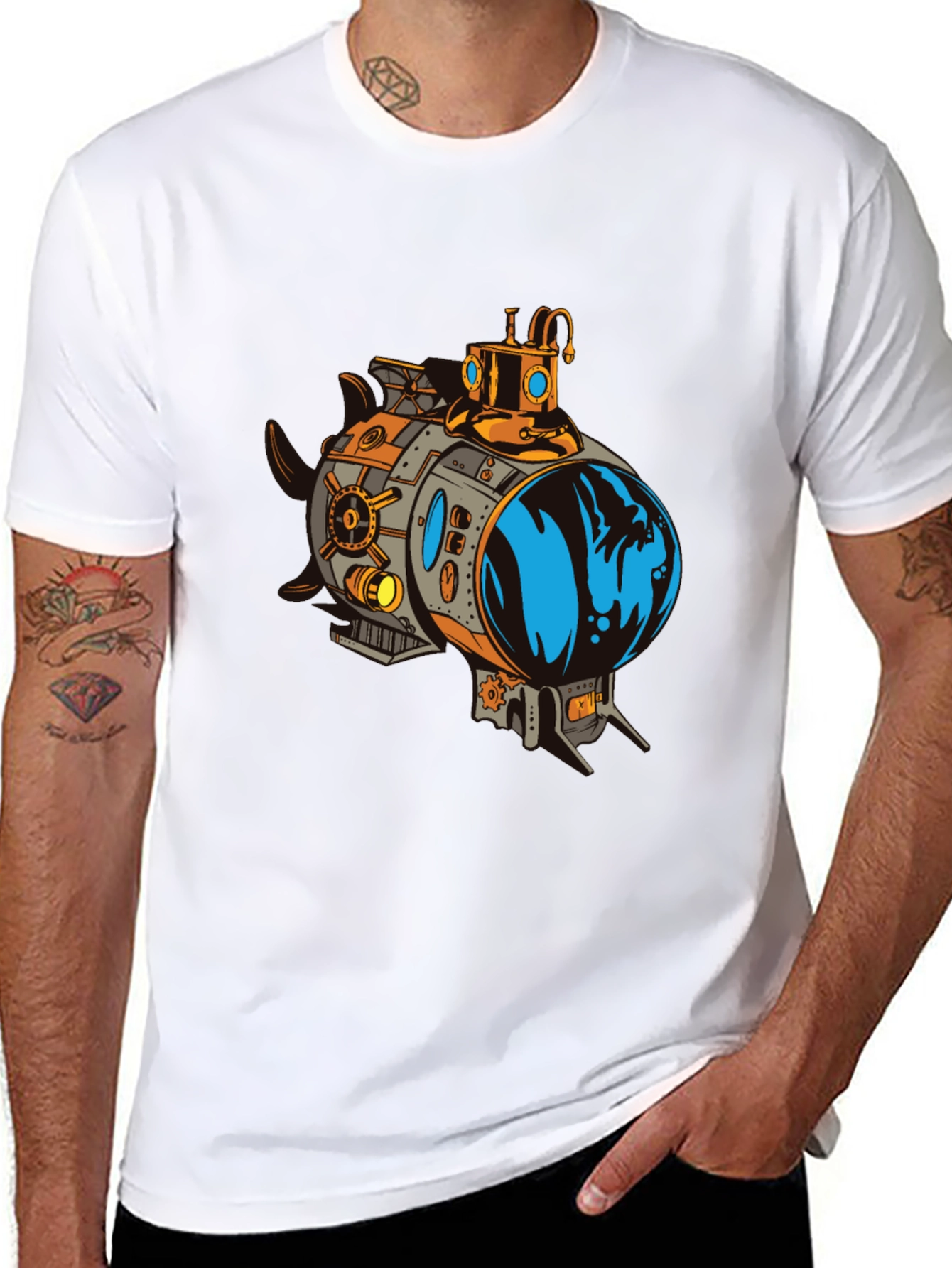 Steampunk Submarine Graphic Tee - Black Cotton T-Shirt
