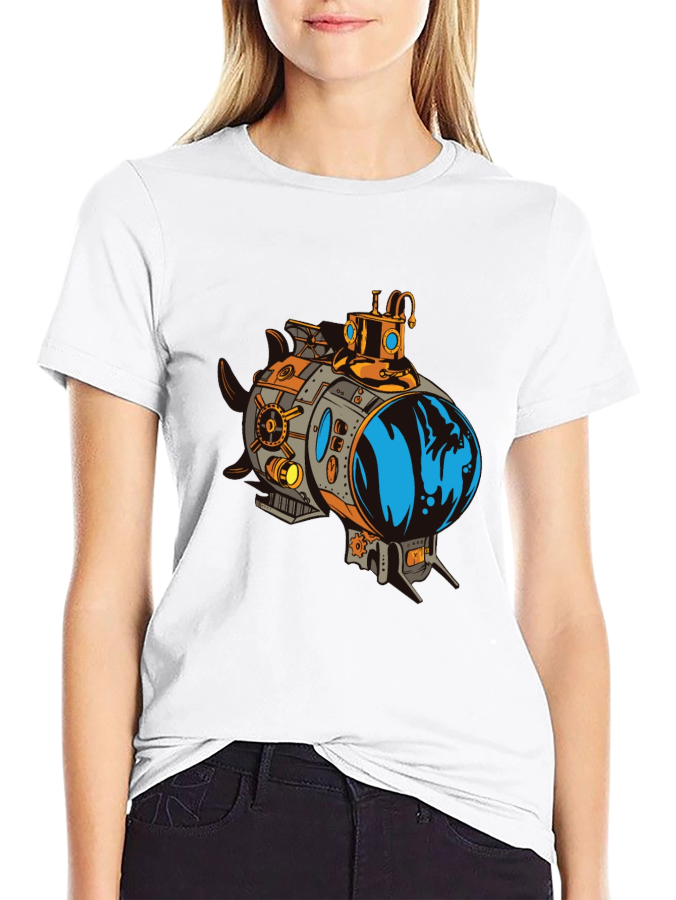 Steampunk Submarine Graphic Tee - Black Cotton T-Shirt