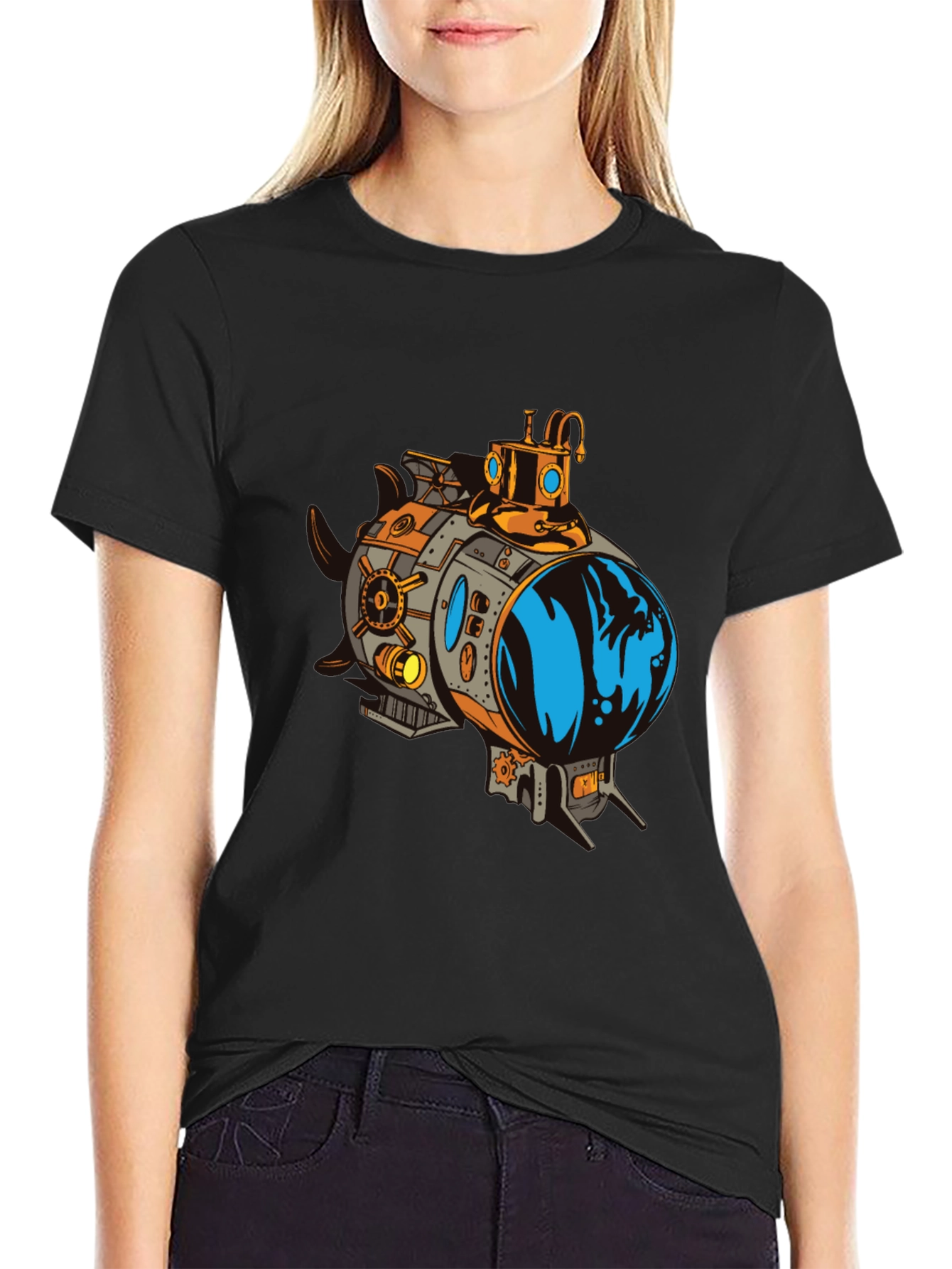 Steampunk Submarine Graphic Tee - Black Cotton T-Shirt