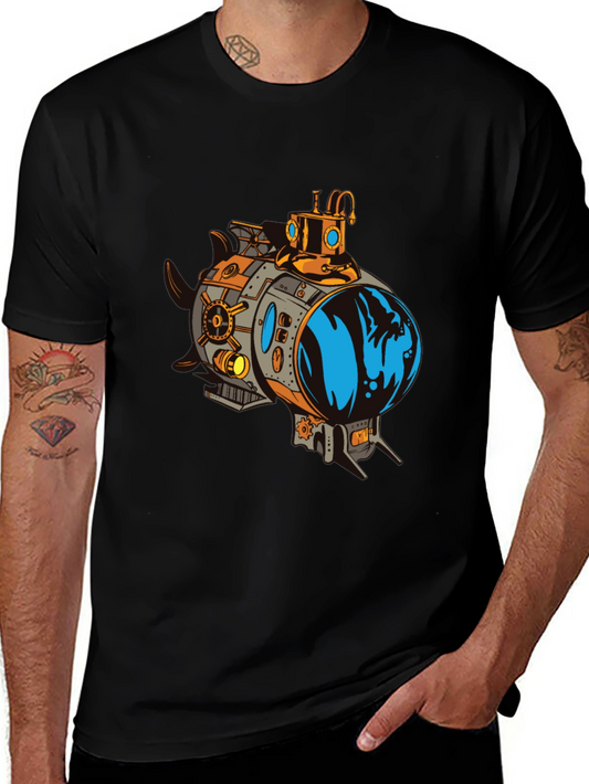 Steampunk Submarine Graphic Tee - Black Cotton T-Shirt