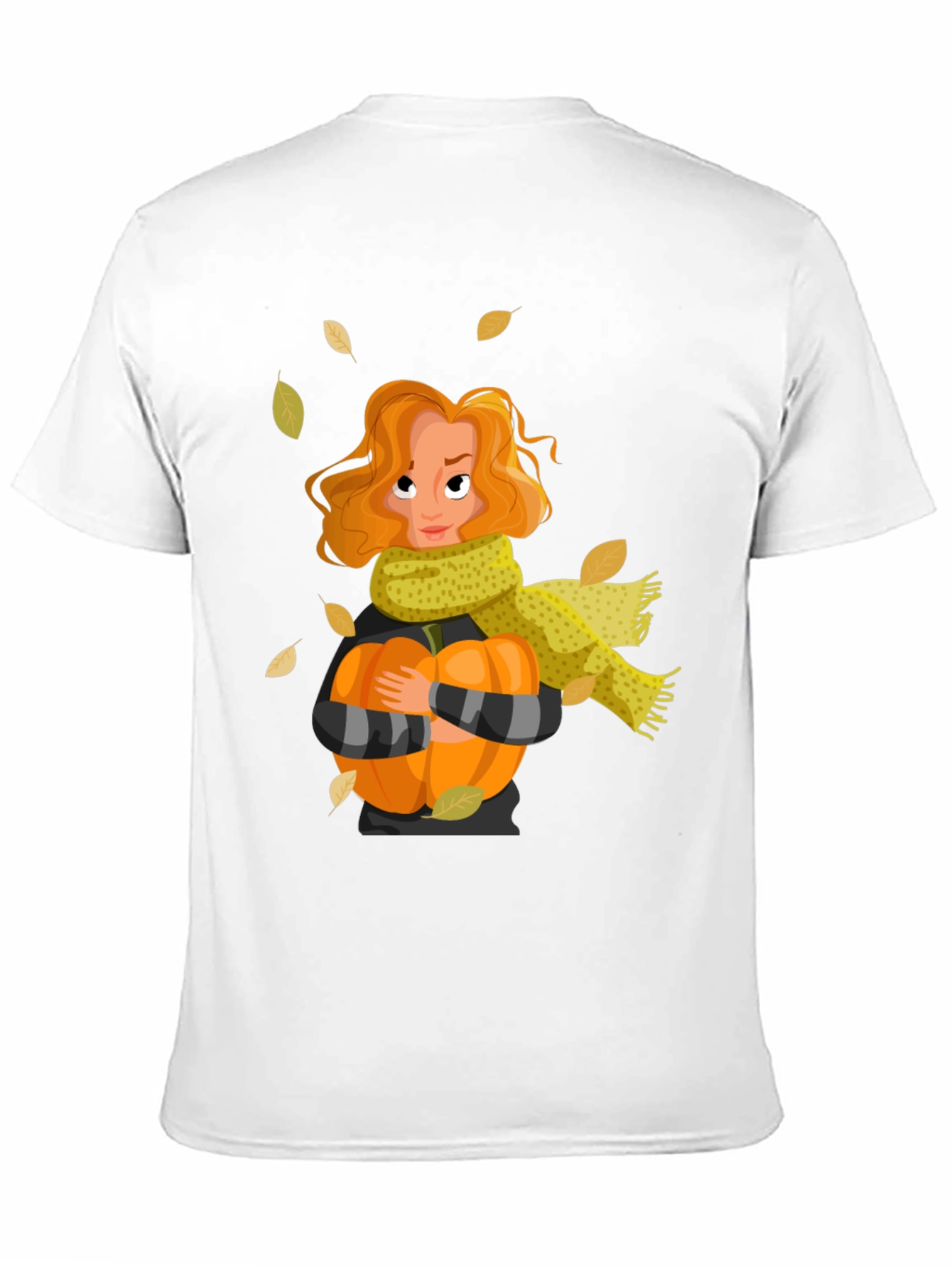 Fall Harvest T-Shirt: Woman Pumpkin & Falling Leaves