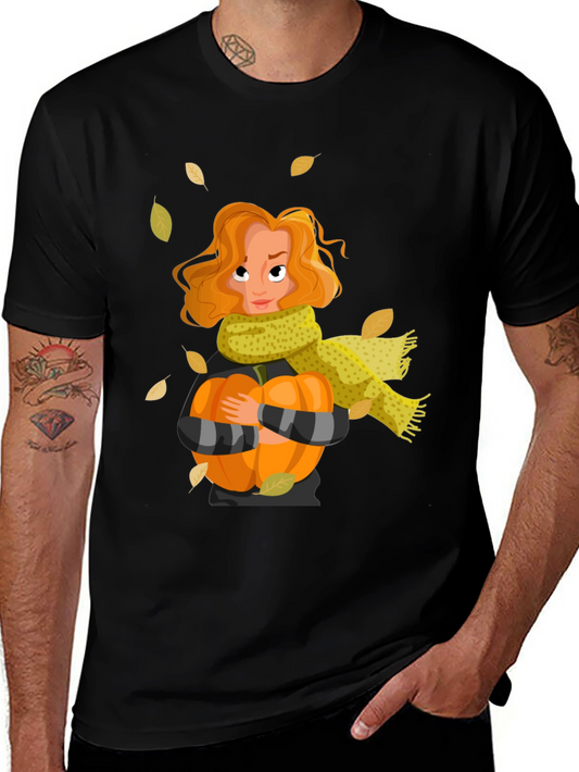 Fall Harvest T-Shirt: Woman Pumpkin & Falling Leaves
