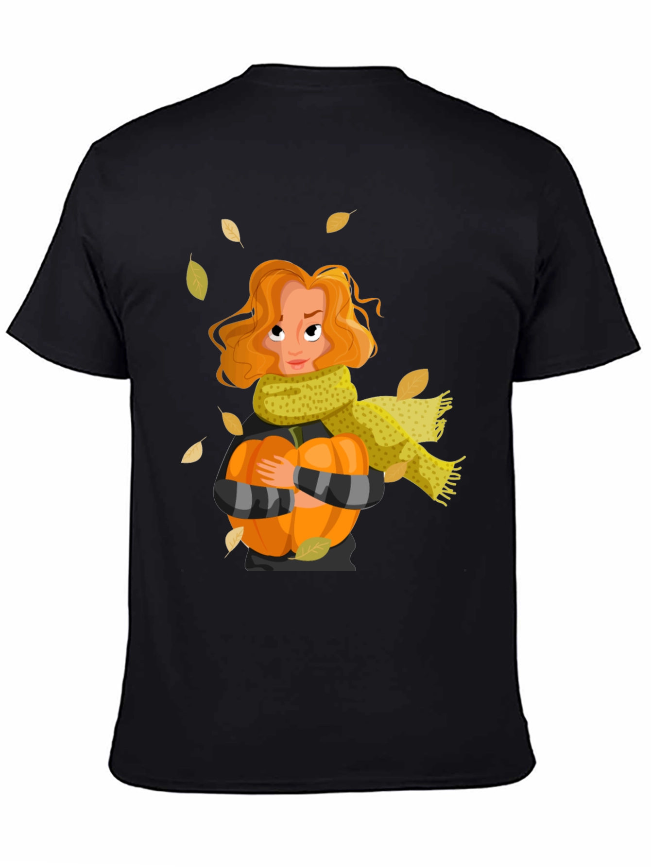 Fall Harvest T-Shirt: Woman Pumpkin & Falling Leaves