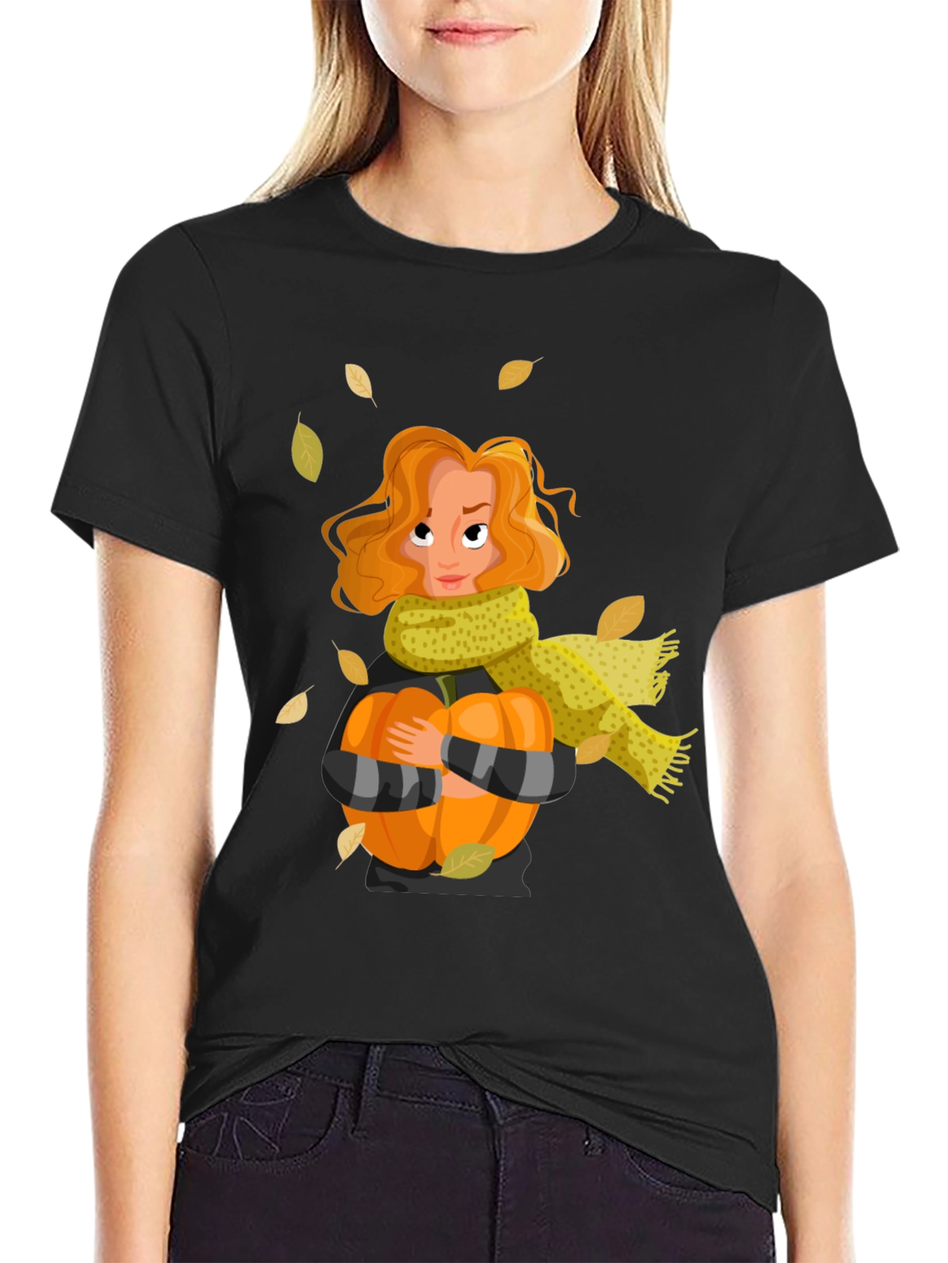 Fall Harvest T-Shirt: Woman Pumpkin & Falling Leaves
