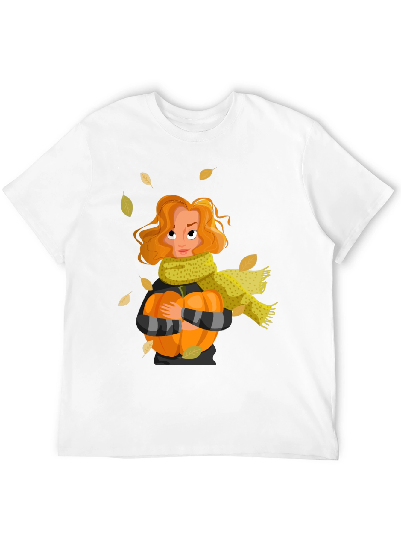 Fall Harvest T-Shirt: Woman Pumpkin & Falling Leaves