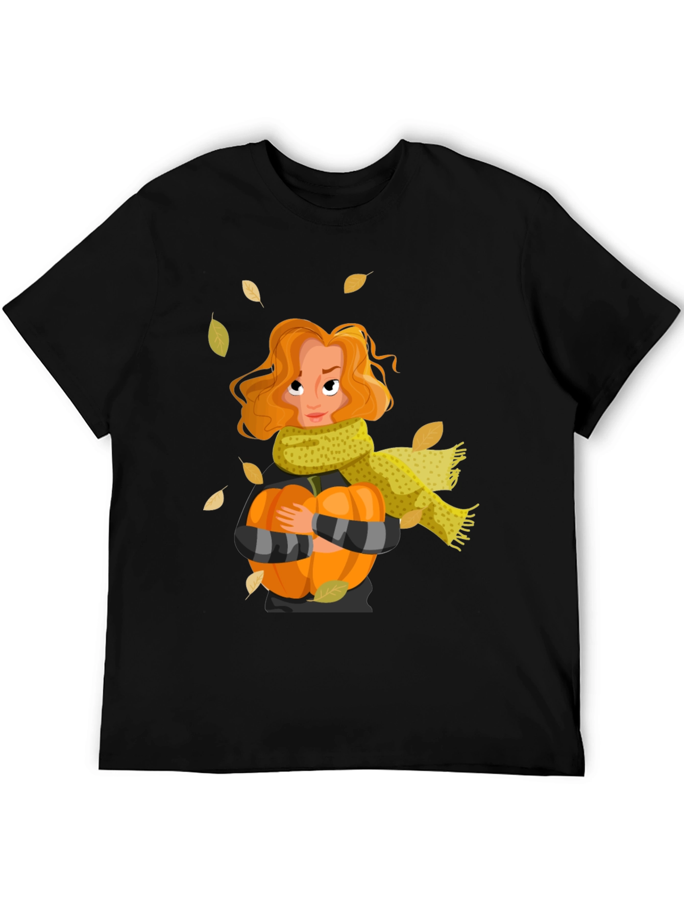 Fall Harvest T-Shirt: Woman Pumpkin & Falling Leaves