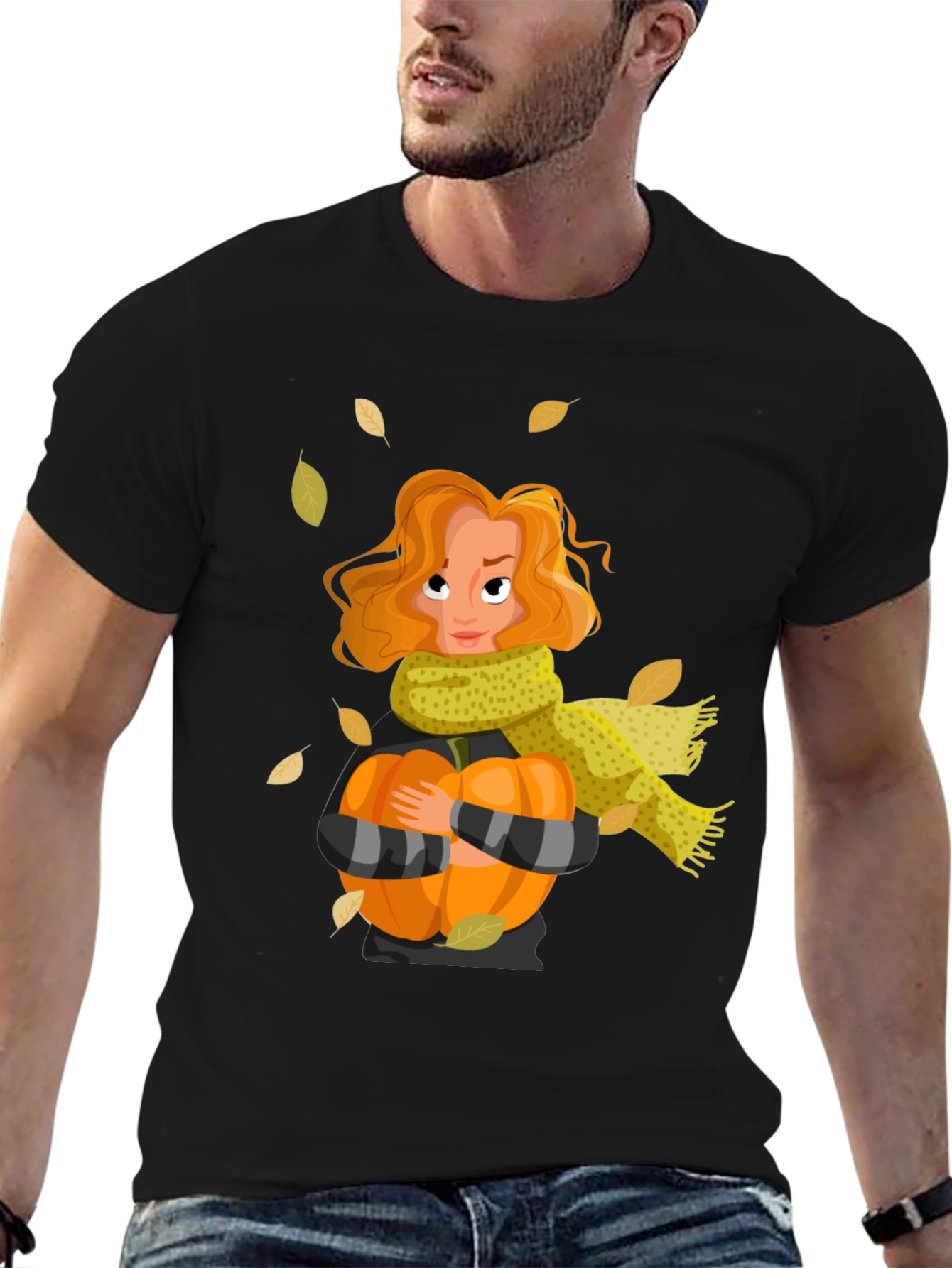 Fall Harvest T-Shirt: Woman Pumpkin & Falling Leaves