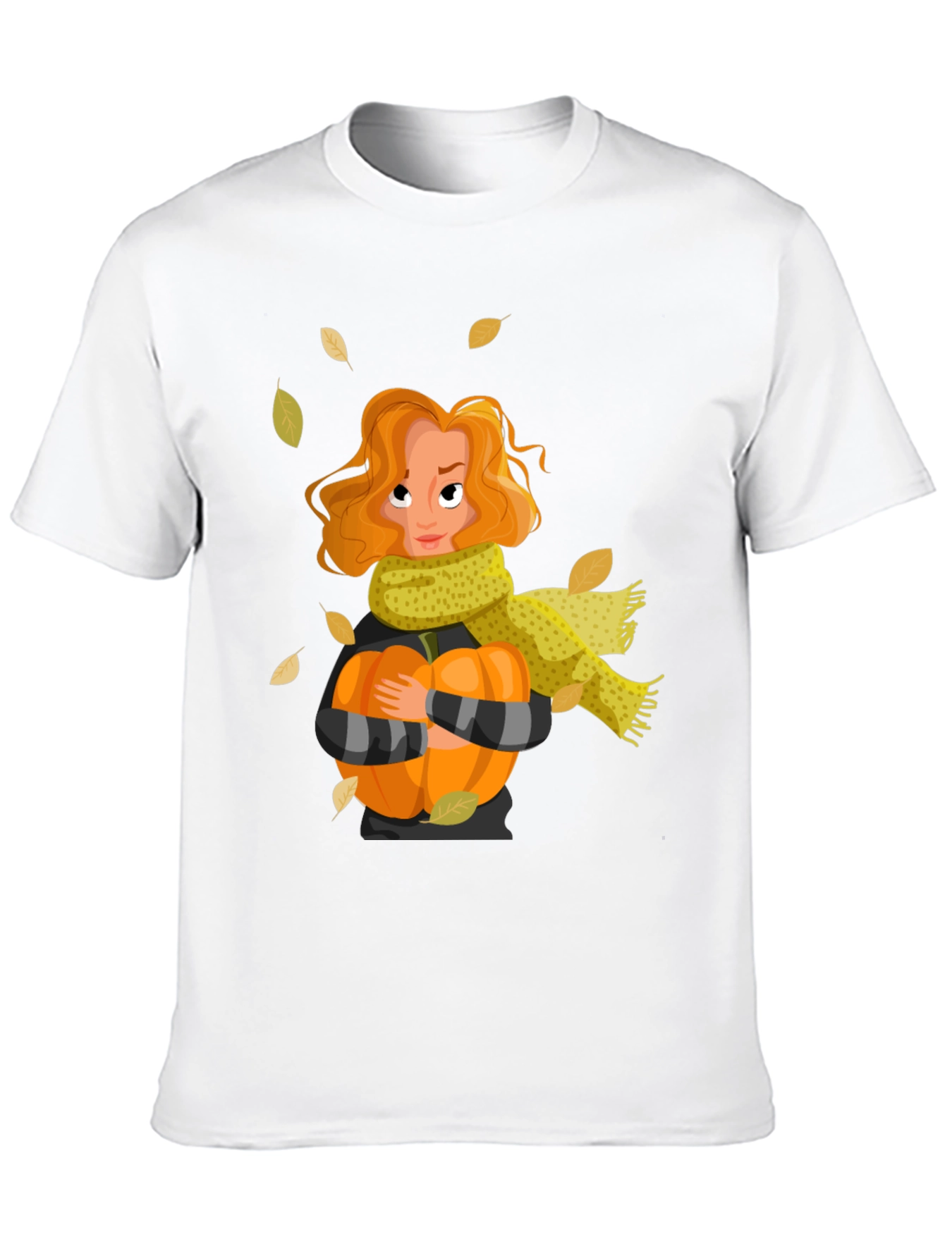 Fall Harvest T-Shirt: Woman Pumpkin & Falling Leaves