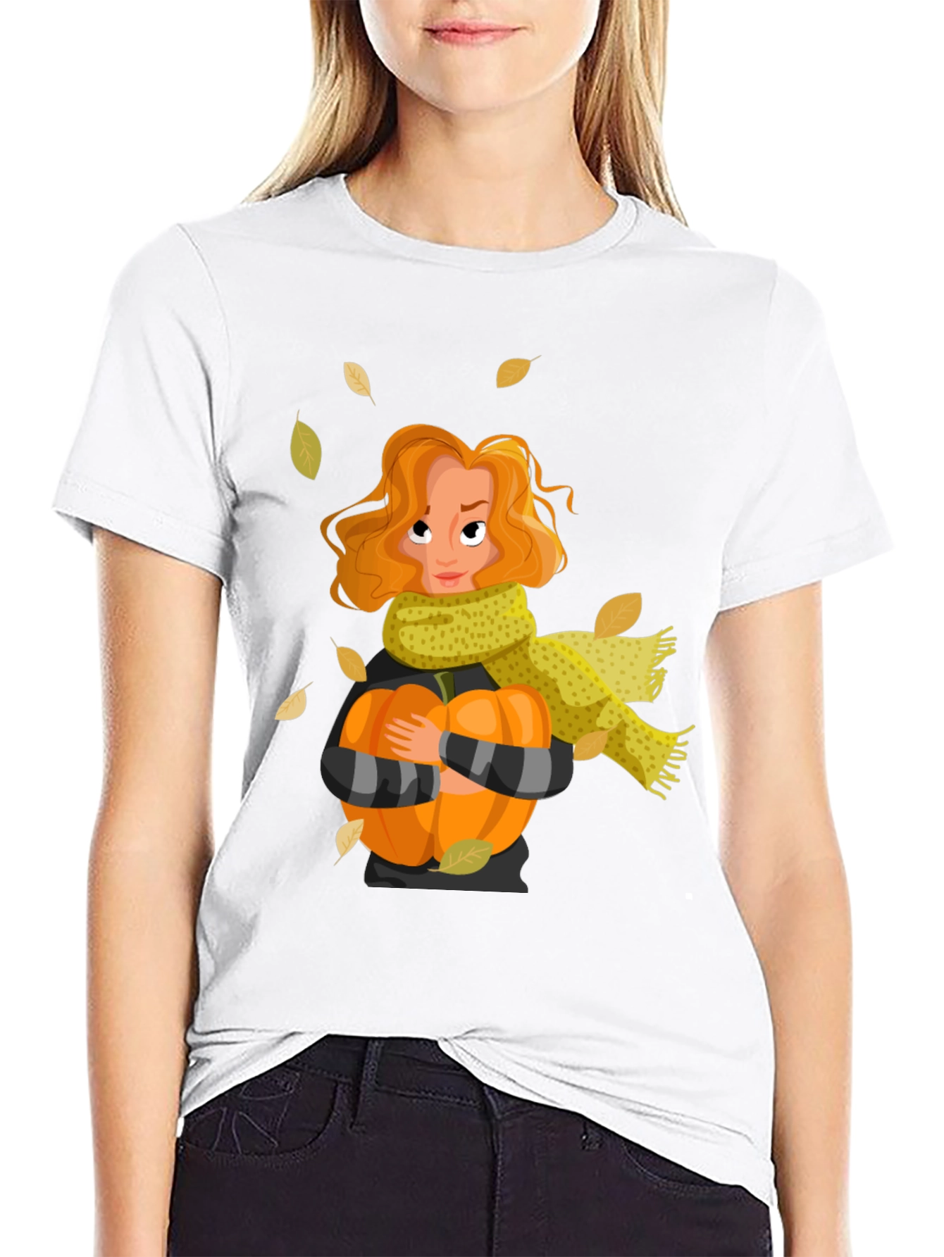Fall Harvest T-Shirt: Woman Pumpkin & Falling Leaves