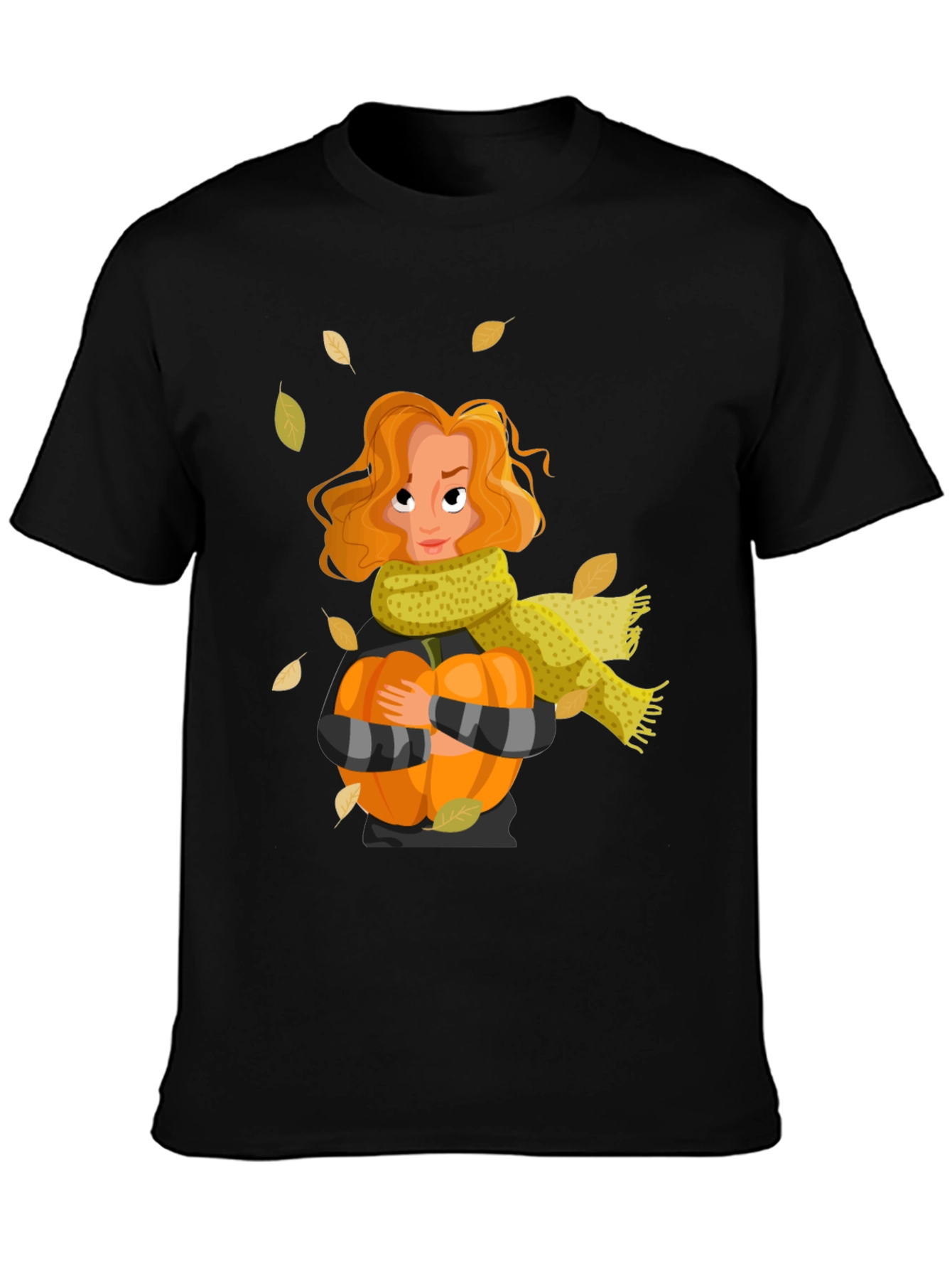 Fall Harvest T-Shirt: Woman Pumpkin & Falling Leaves