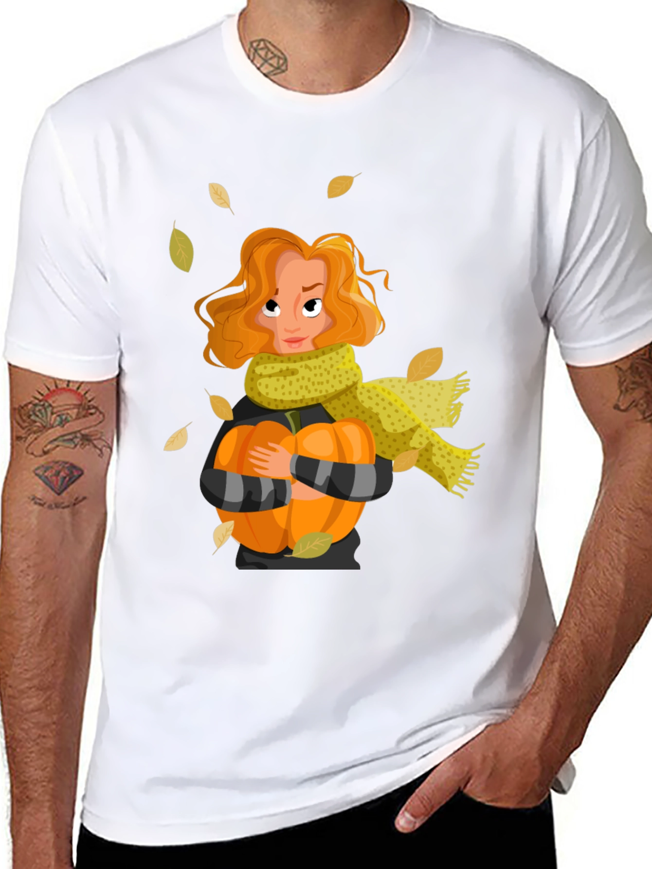 Fall Harvest T-Shirt: Woman Pumpkin & Falling Leaves