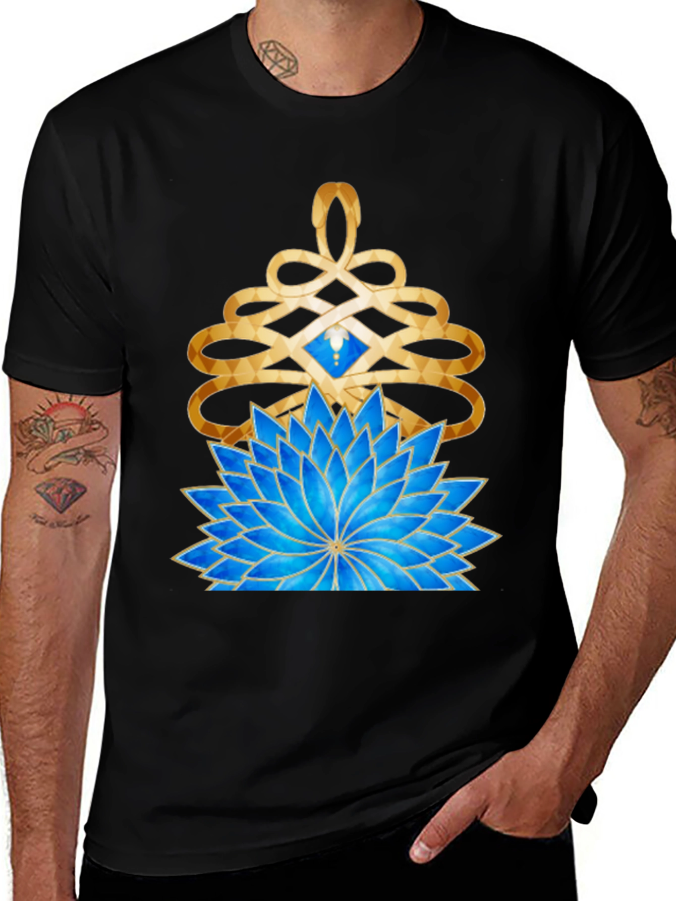 Mystic Lotus Graphic Tee - Gold & Blue Design