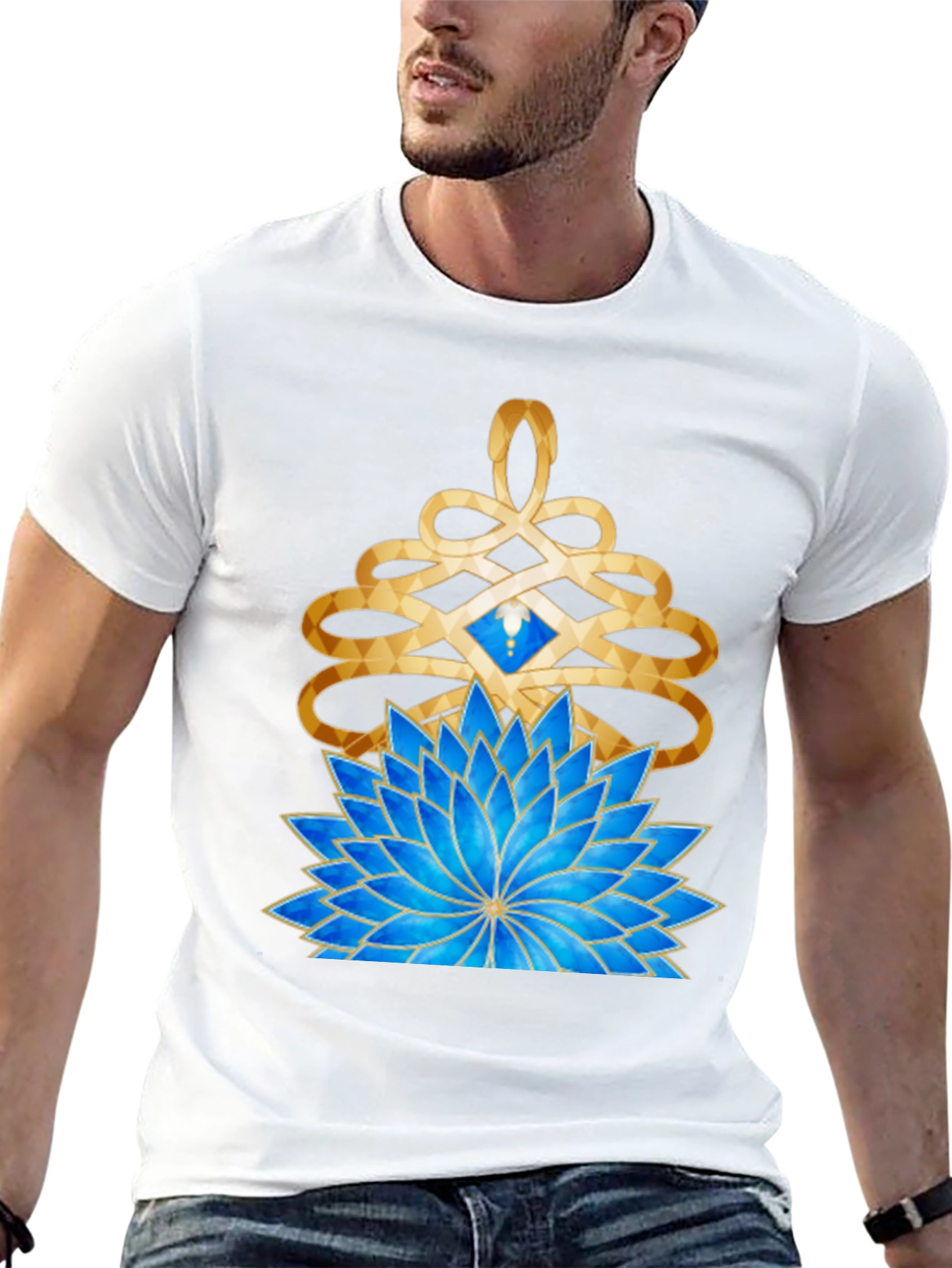Mystic Lotus Graphic Tee - Gold & Blue Design