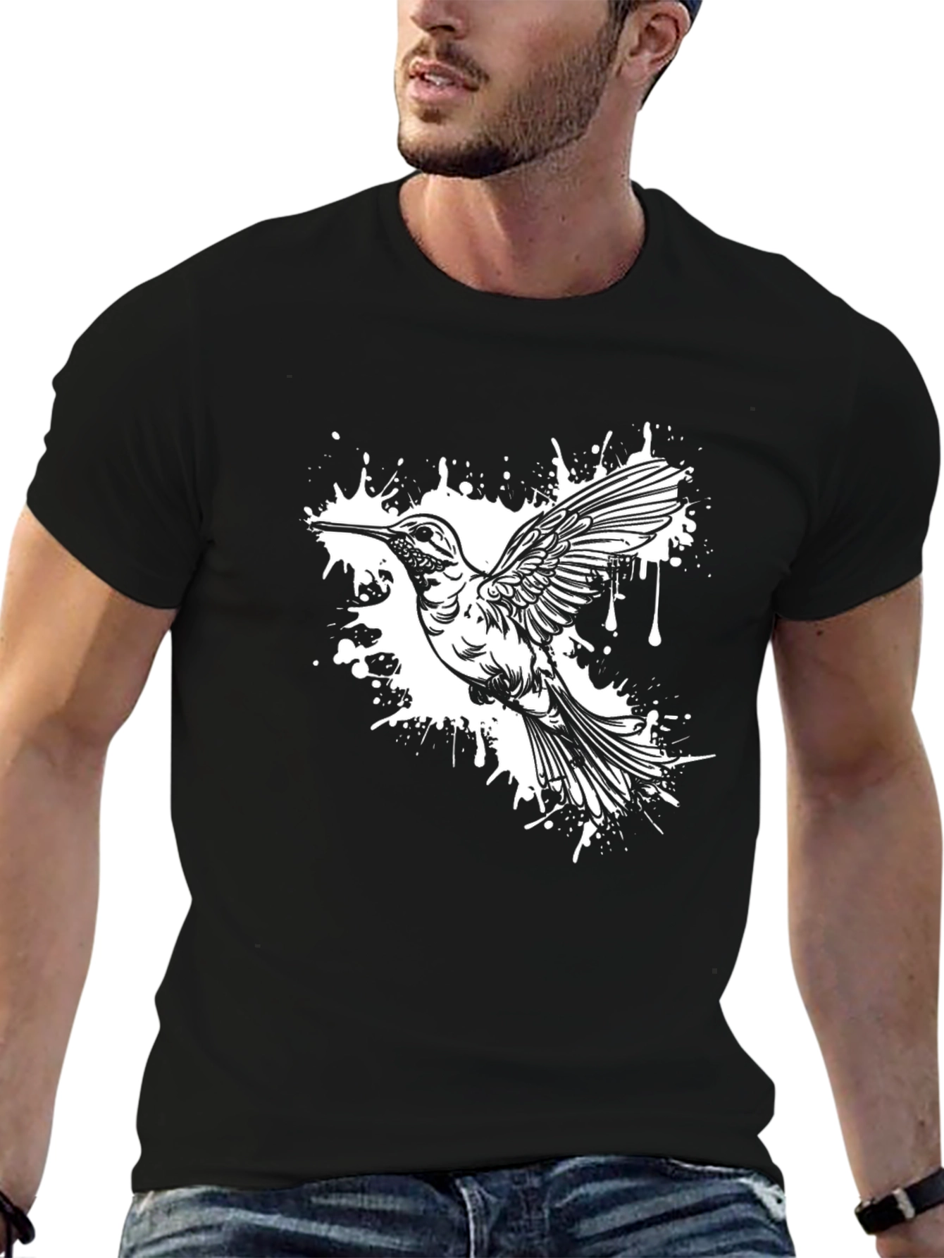 Hummingbird Splash Graphic Tee - Black Cotton Blend