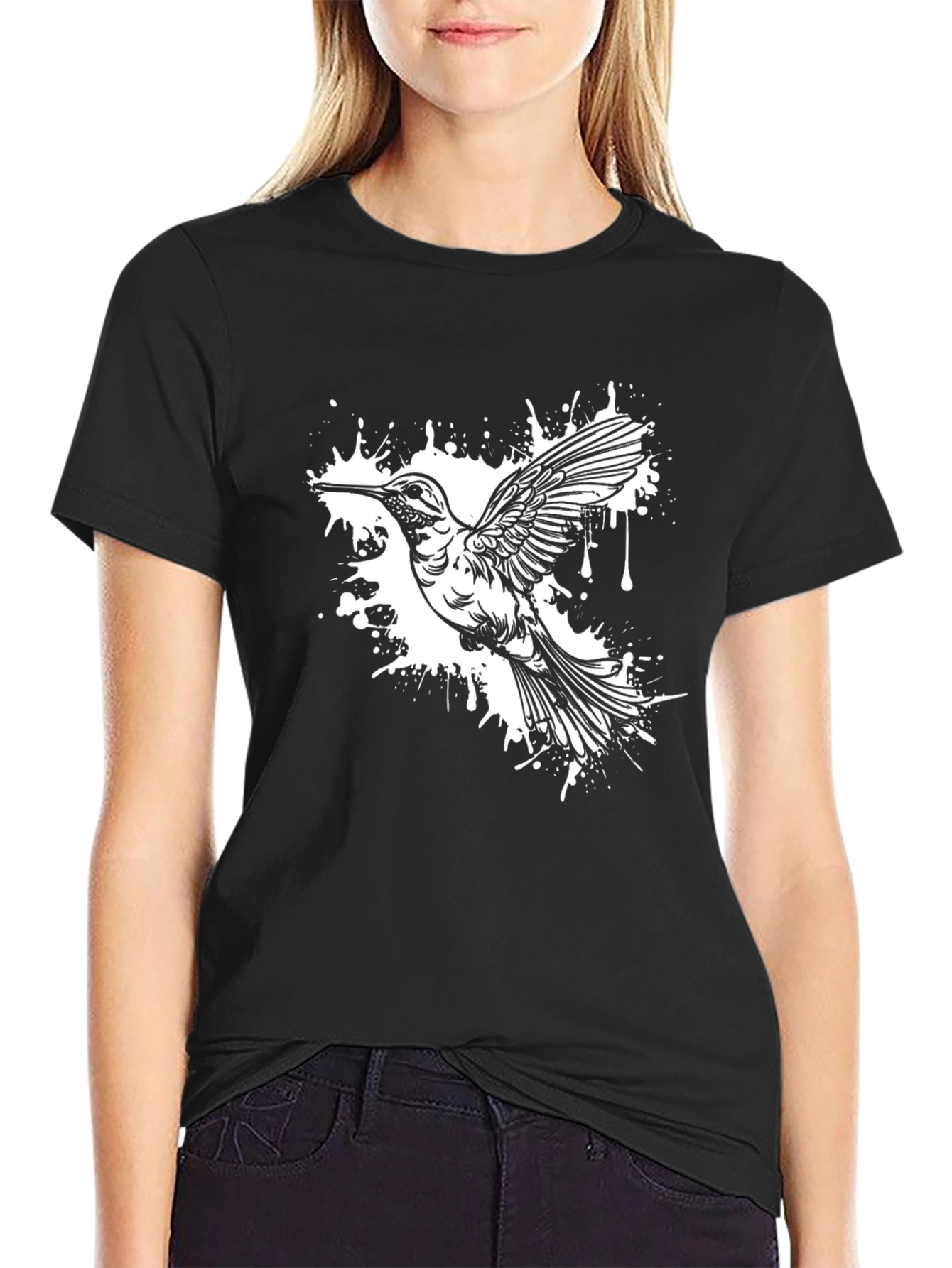 Hummingbird Splash Graphic Tee - Black Cotton Blend
