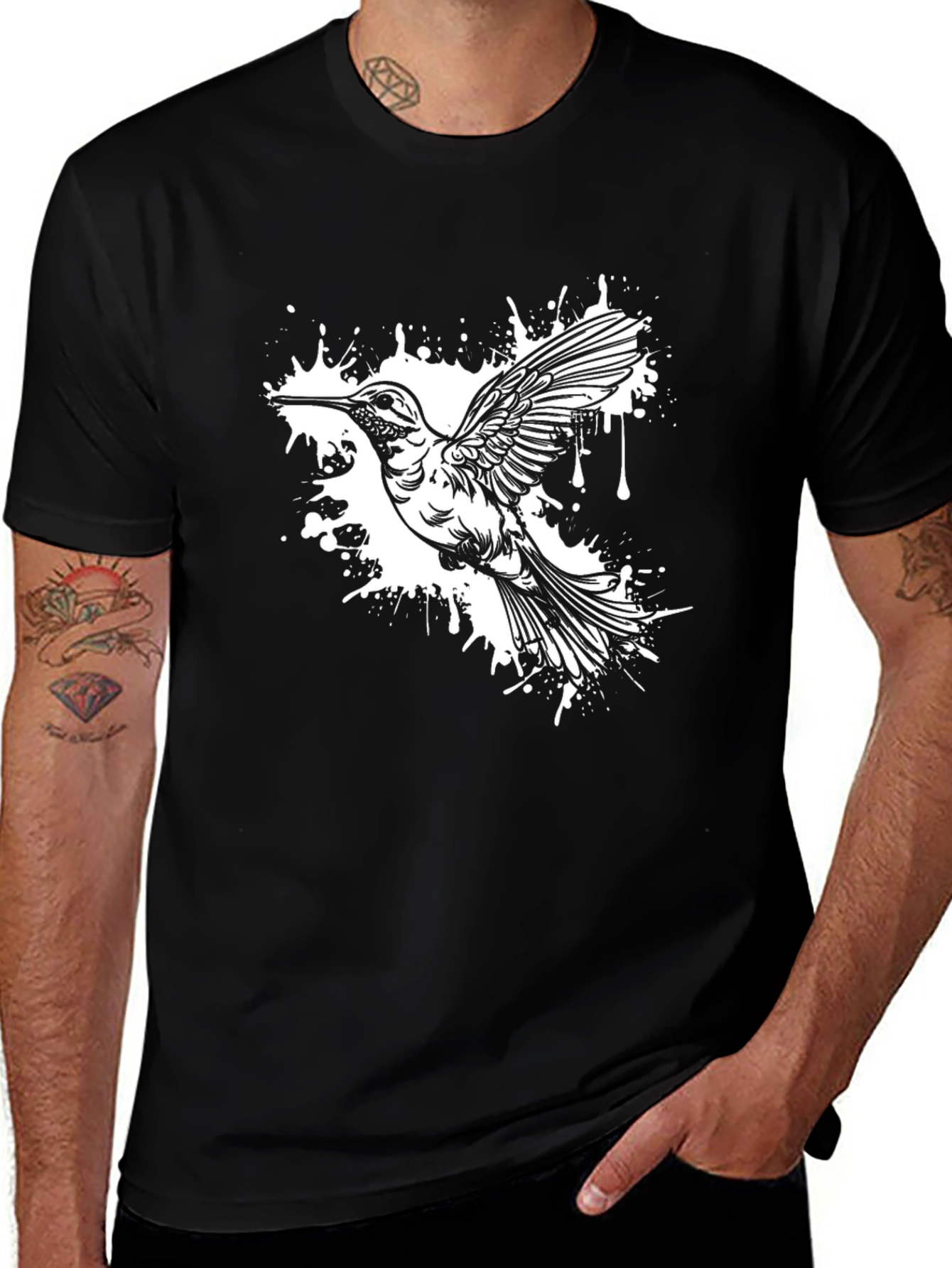 Hummingbird Splash Graphic Tee - Black Cotton Blend
