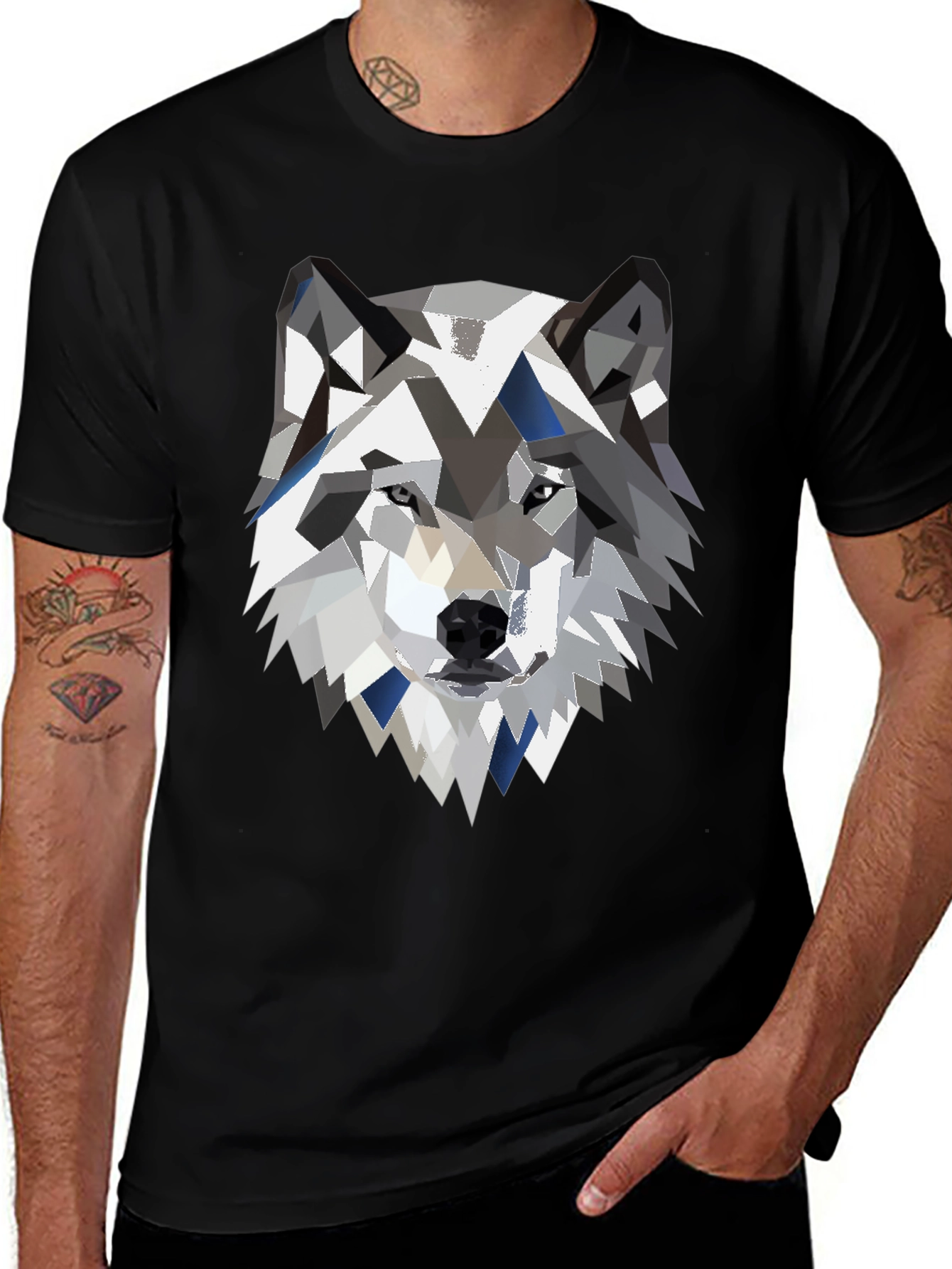 Geometric Wolf Graphic Print Black Tee