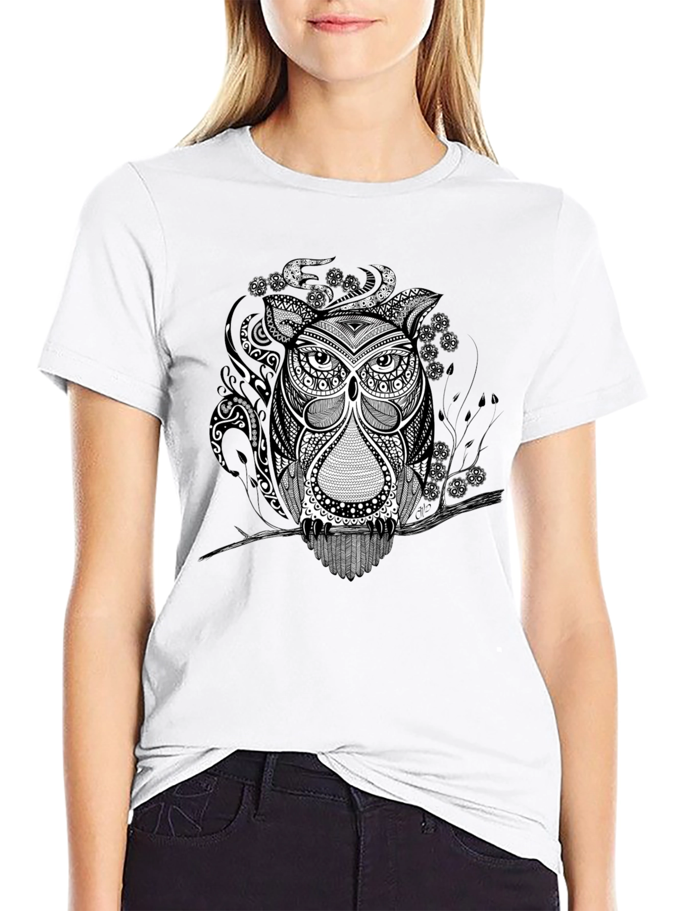 Owl Graphic Print Tee - Black Short Sleeve