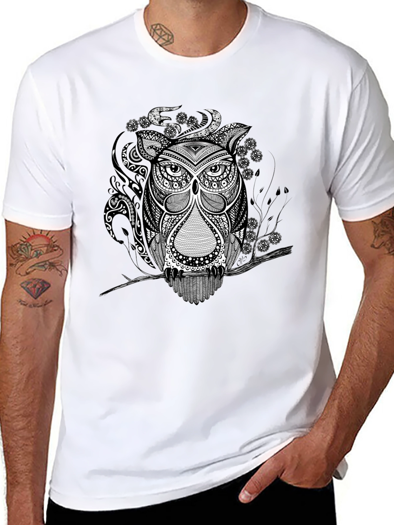 Owl Graphic Print Tee - Black Short Sleeve