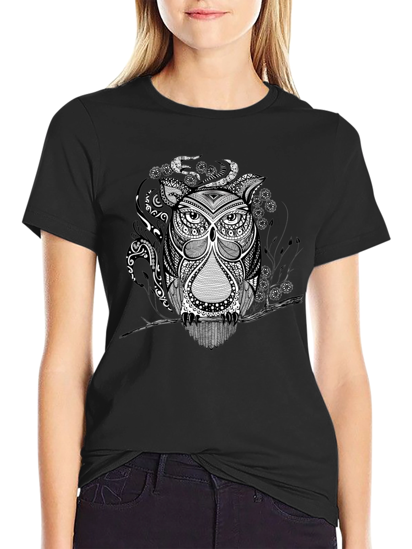 Owl Graphic Print Tee - Black Short Sleeve
