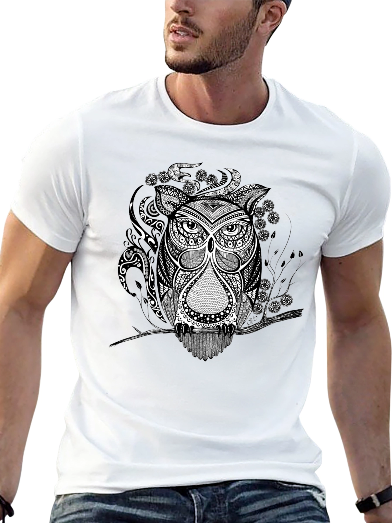 Owl Graphic Print Tee - Black Short Sleeve