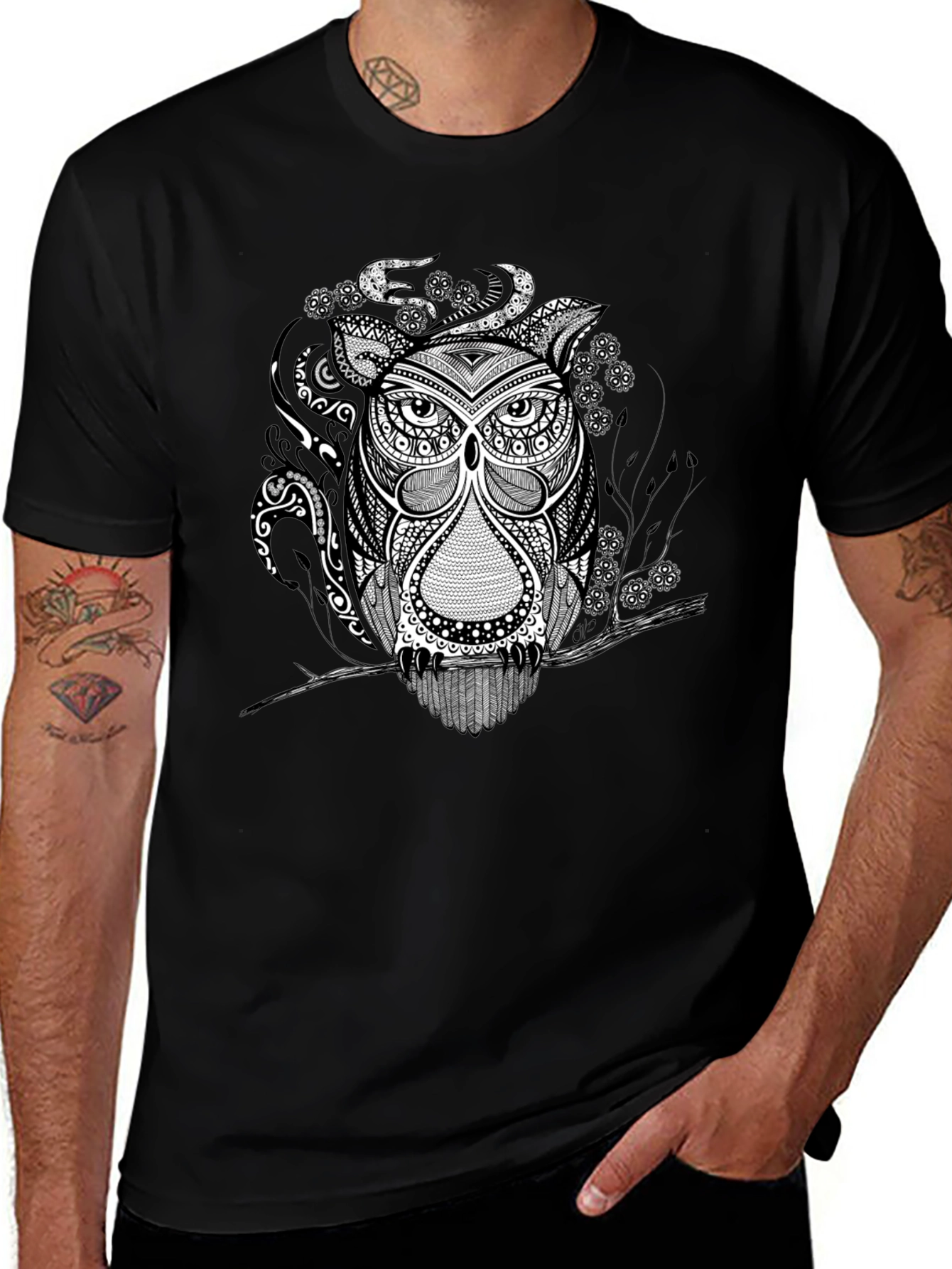 Owl Graphic Print Tee - Black Short Sleeve