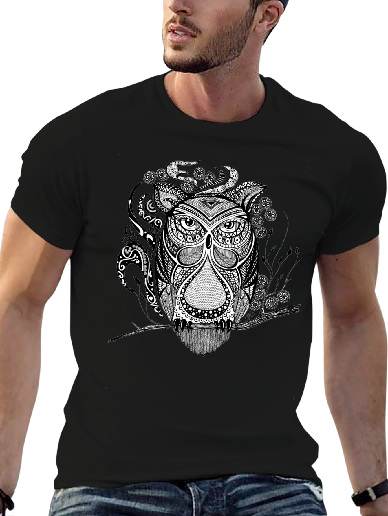 Owl Graphic Print Tee - Black Short Sleeve