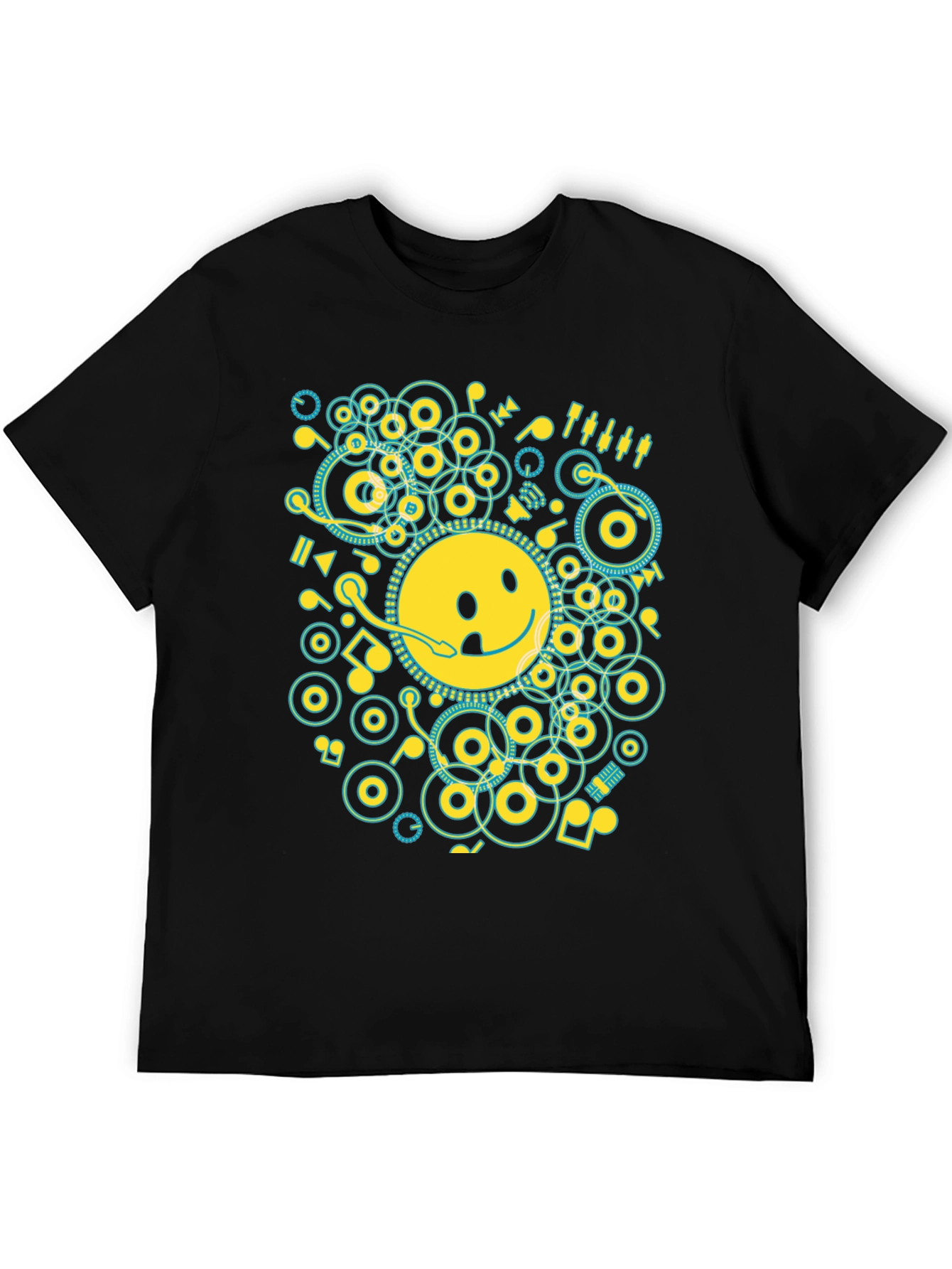 Smiley Face Music Graphic T-Shirt - Casual Black Tee