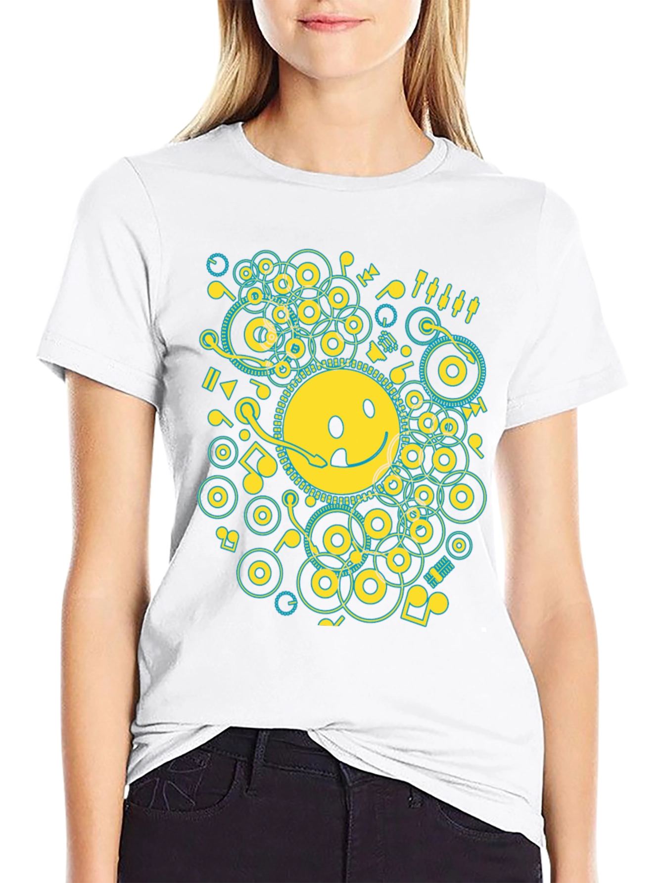 Smiley Face Music Graphic T-Shirt - Casual Black Tee