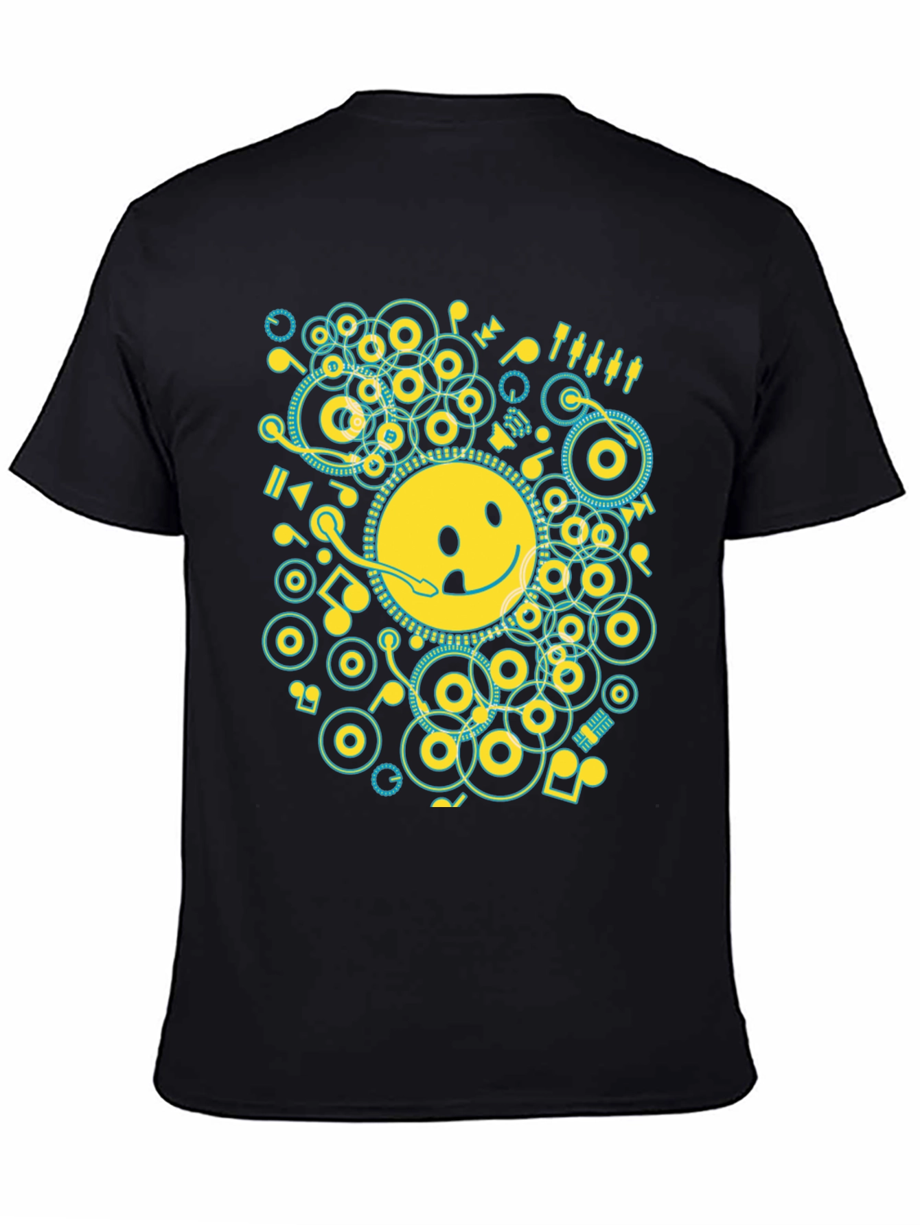 Smiley Face Music Graphic T-Shirt - Casual Black Tee