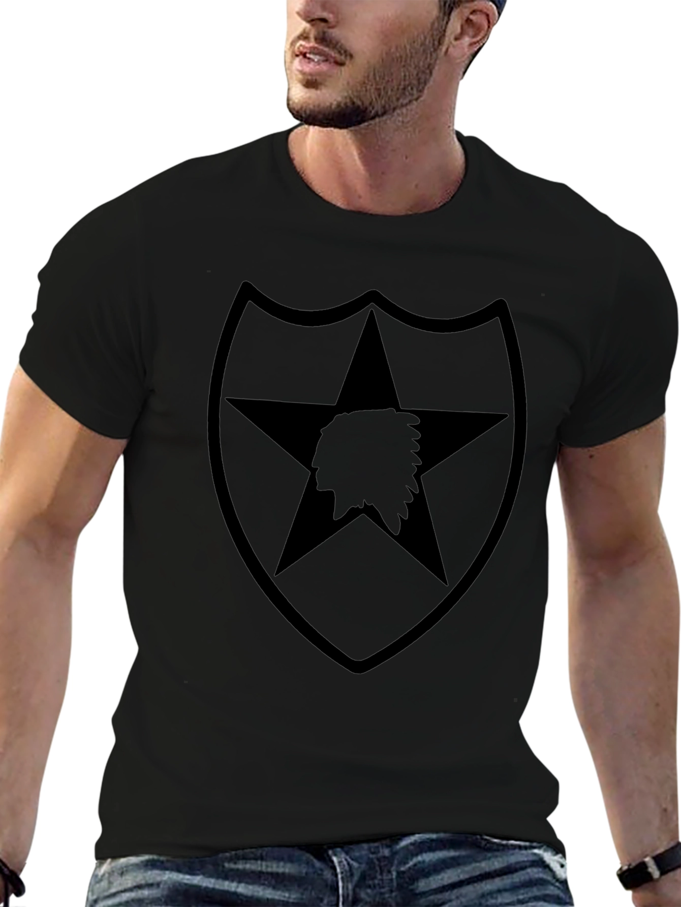 Black T-Shirt with Military Star and Indian Head Design