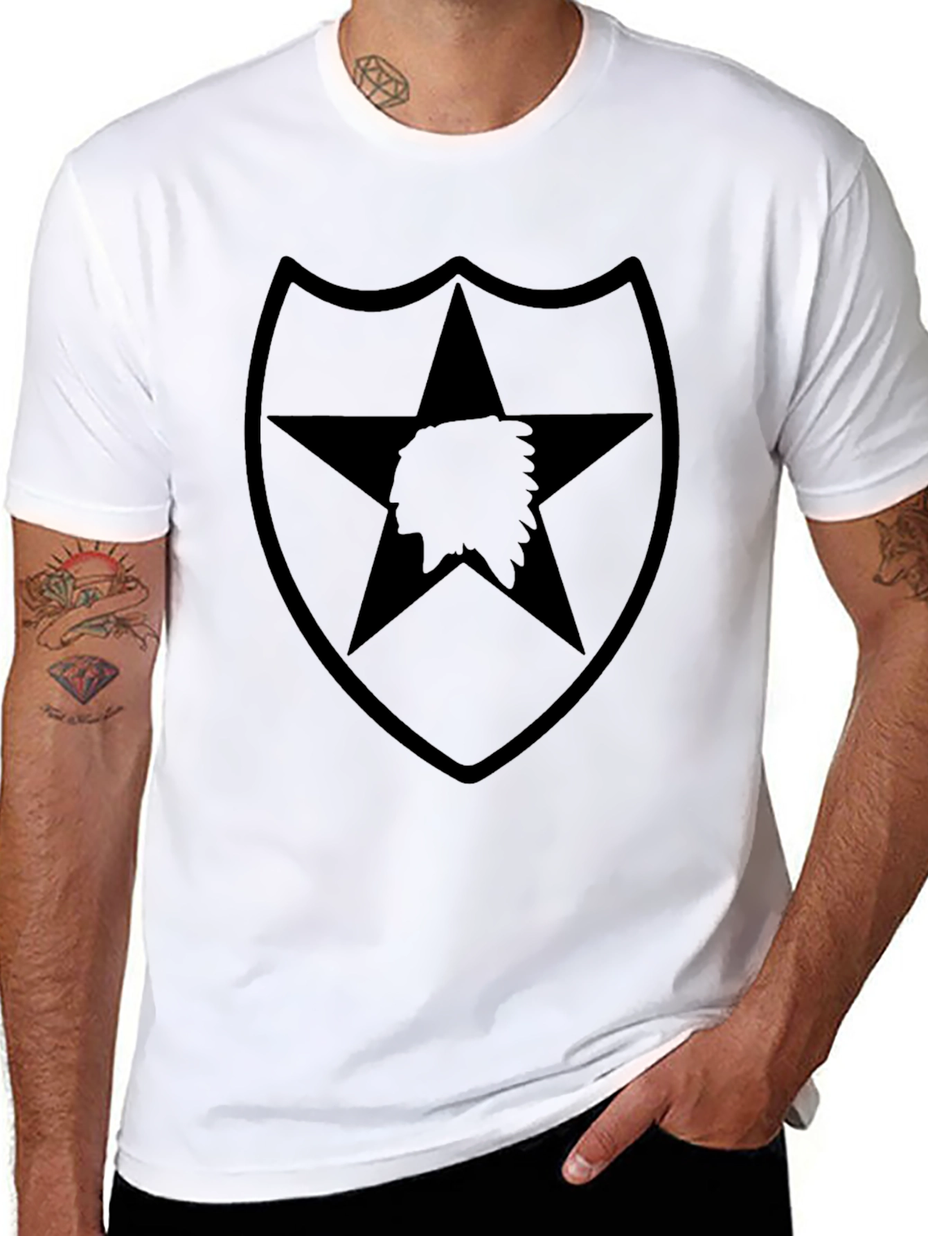 Black T-Shirt with Military Star and Indian Head Design
