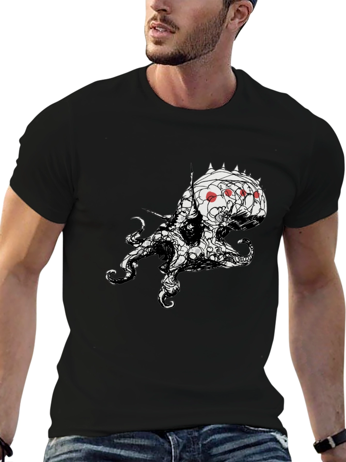 Mens Black T-Shirt with Abstract Octopus Design
