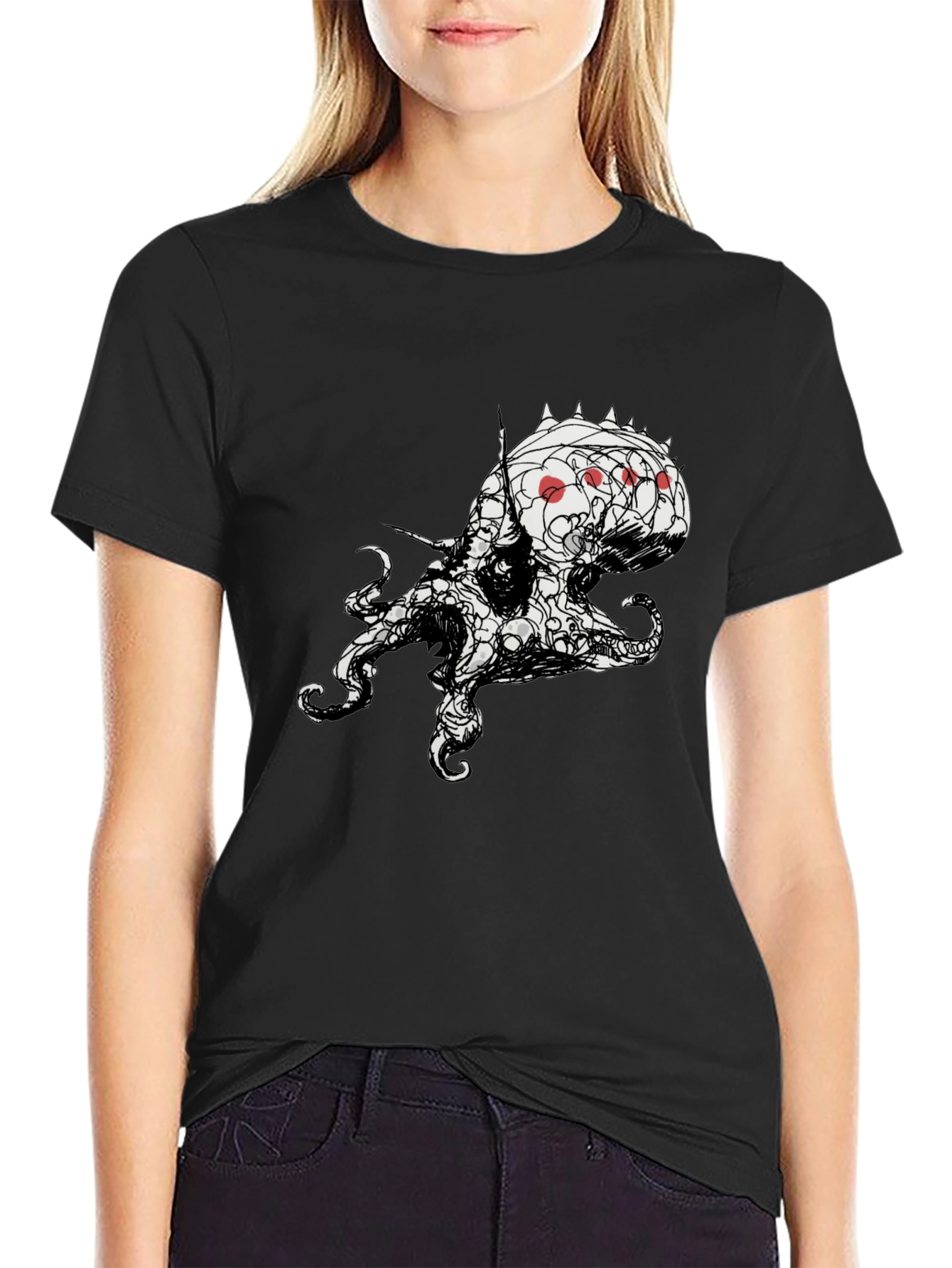 Mens Black T-Shirt with Abstract Octopus Design