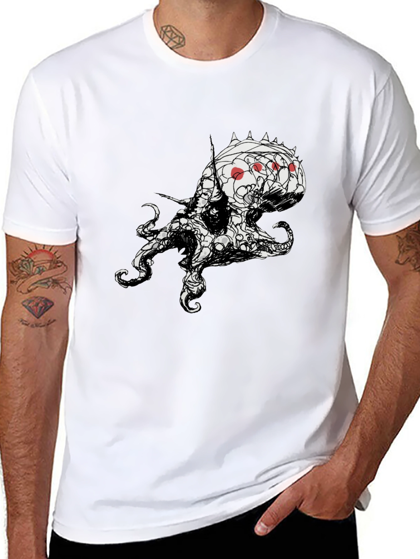 Mens Black T-Shirt with Abstract Octopus Design