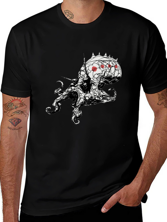 Mens Black T-Shirt with Abstract Octopus Design