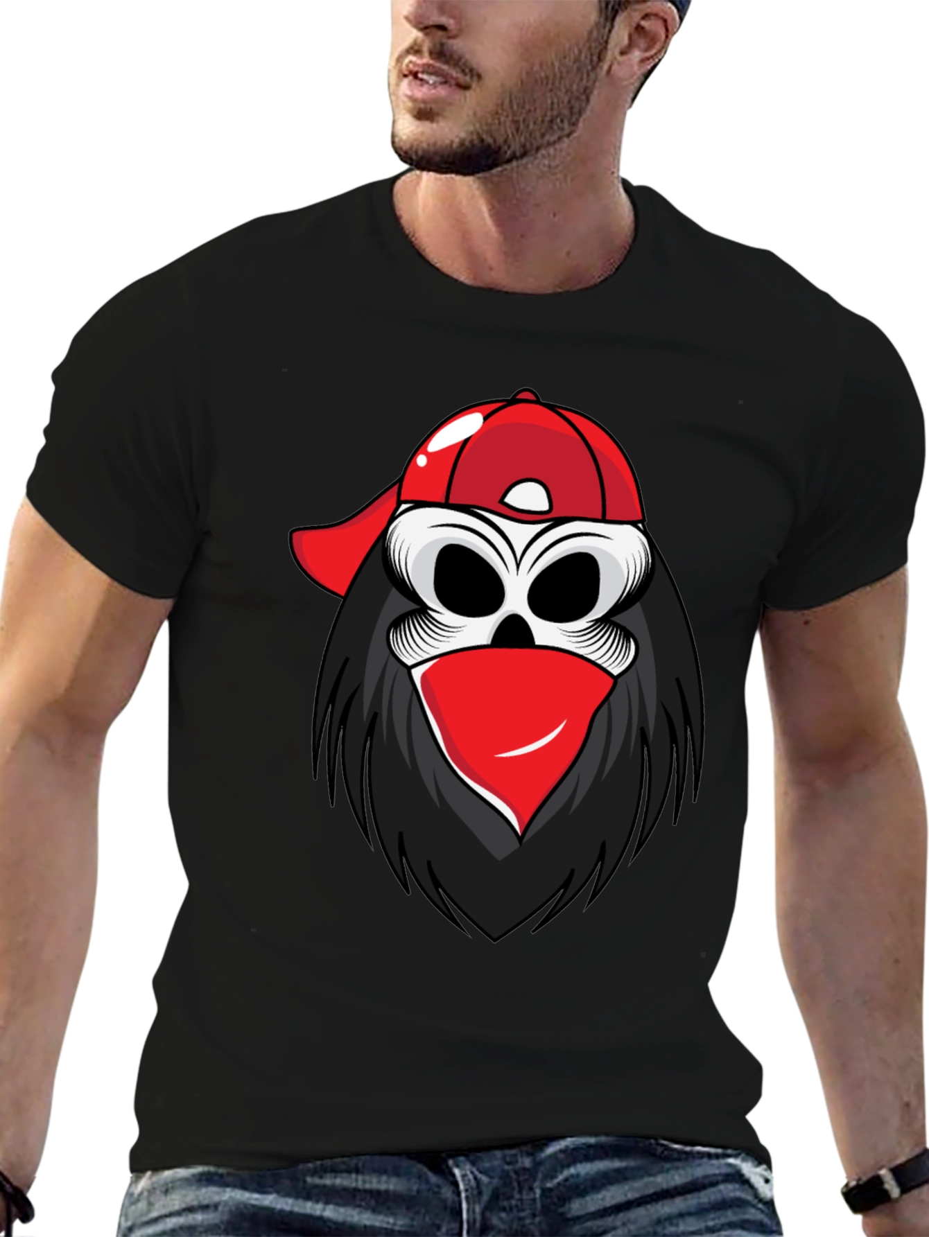 Skull in Cap Graphic Tee - Black Cotton Blend