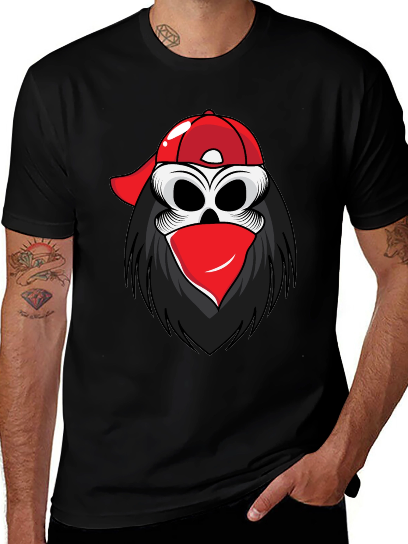 Skull in Cap Graphic Tee - Black Cotton Blend