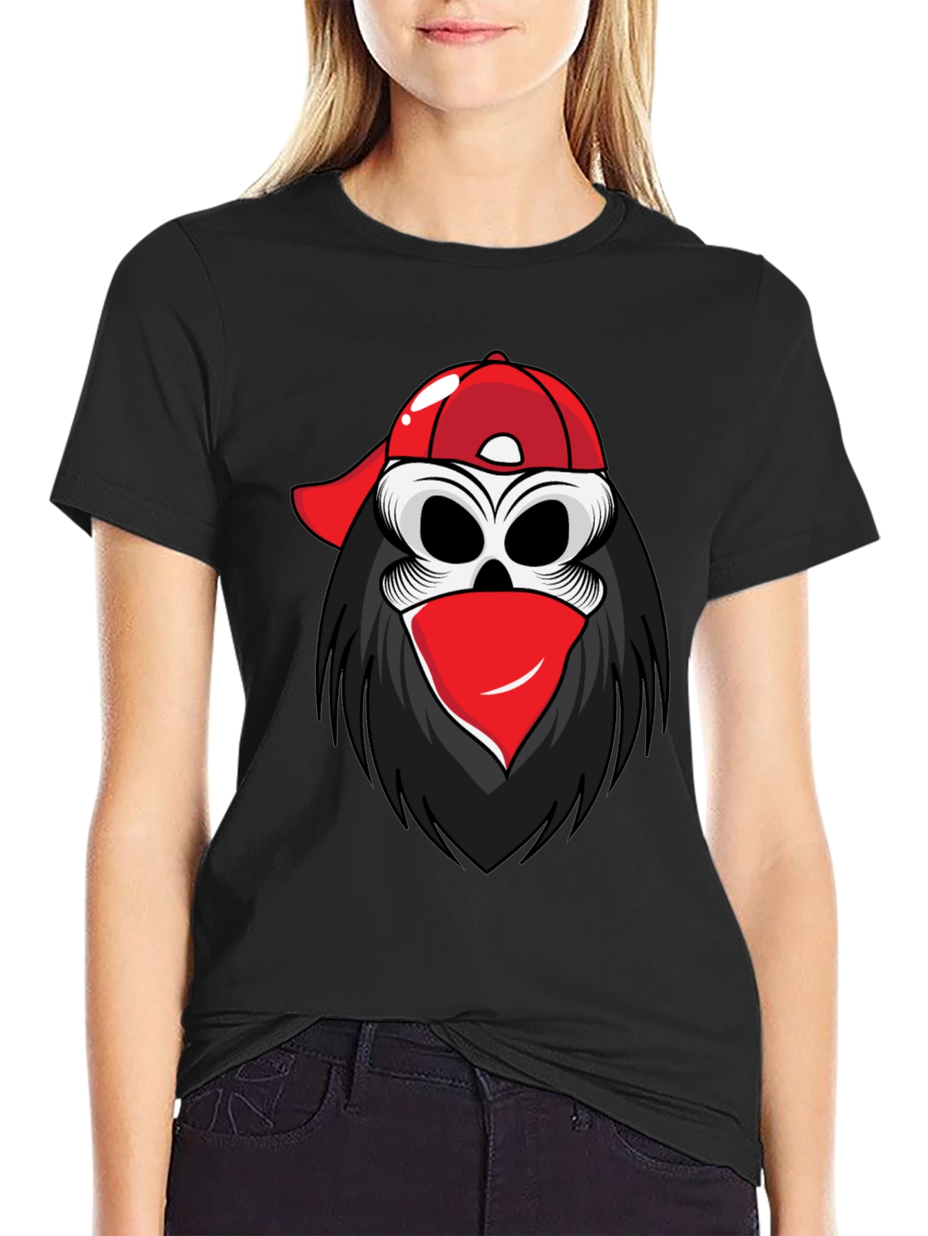 Skull in Cap Graphic Tee - Black Cotton Blend