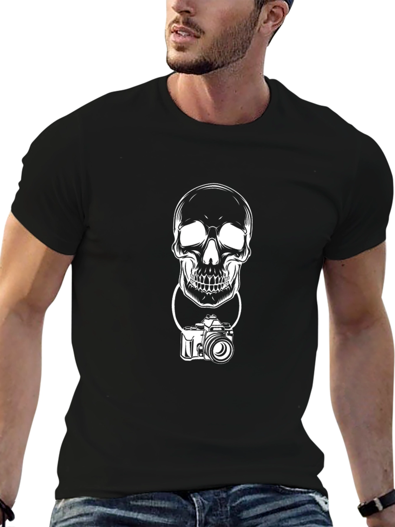Skull & Camera Graphic Print Black T-Shirt