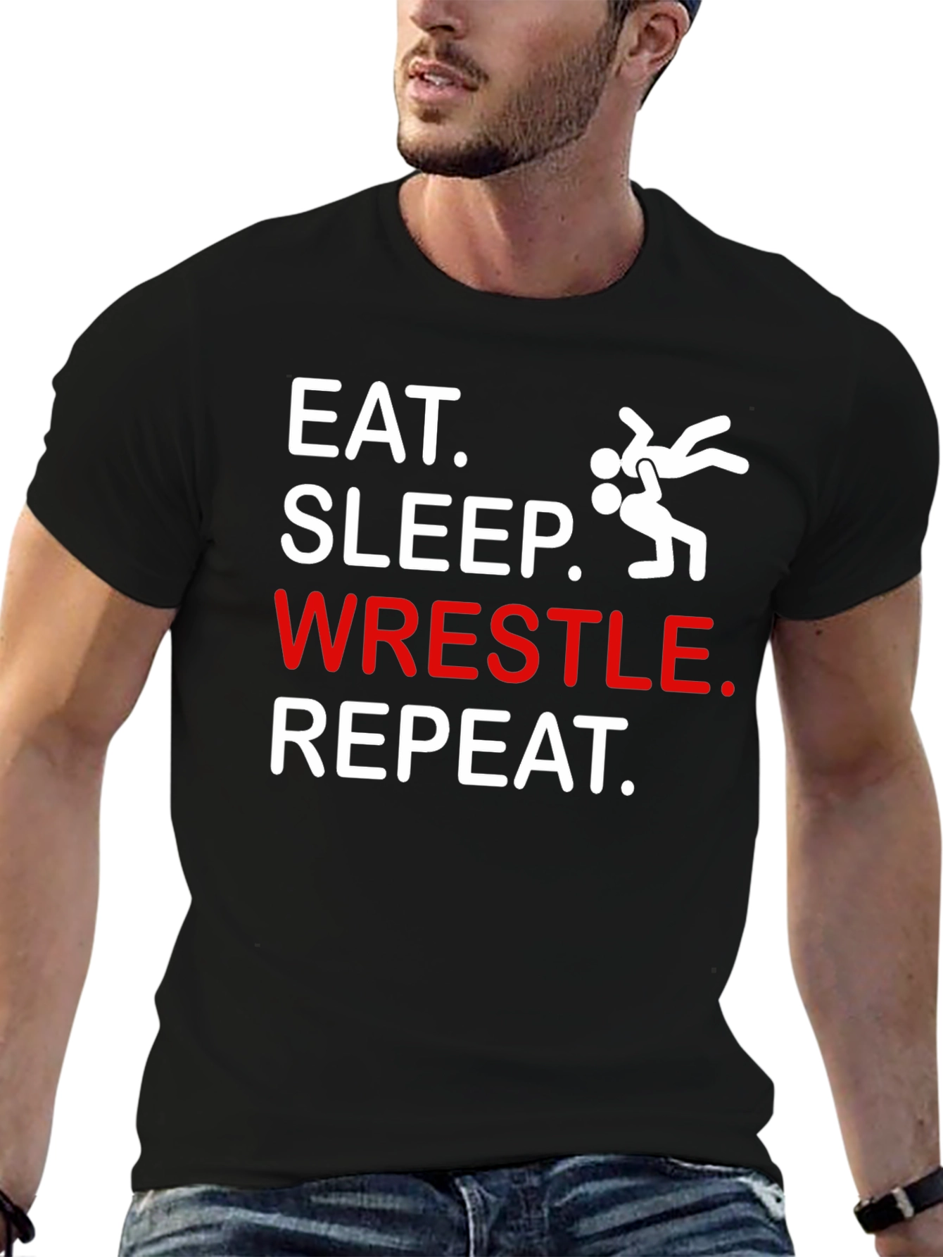 Eat Sleep Wrestle Repeat Black Graphic T-Shirt