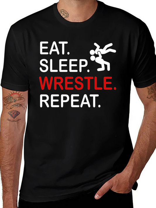 Eat Sleep Wrestle Repeat Black Graphic T-Shirt
