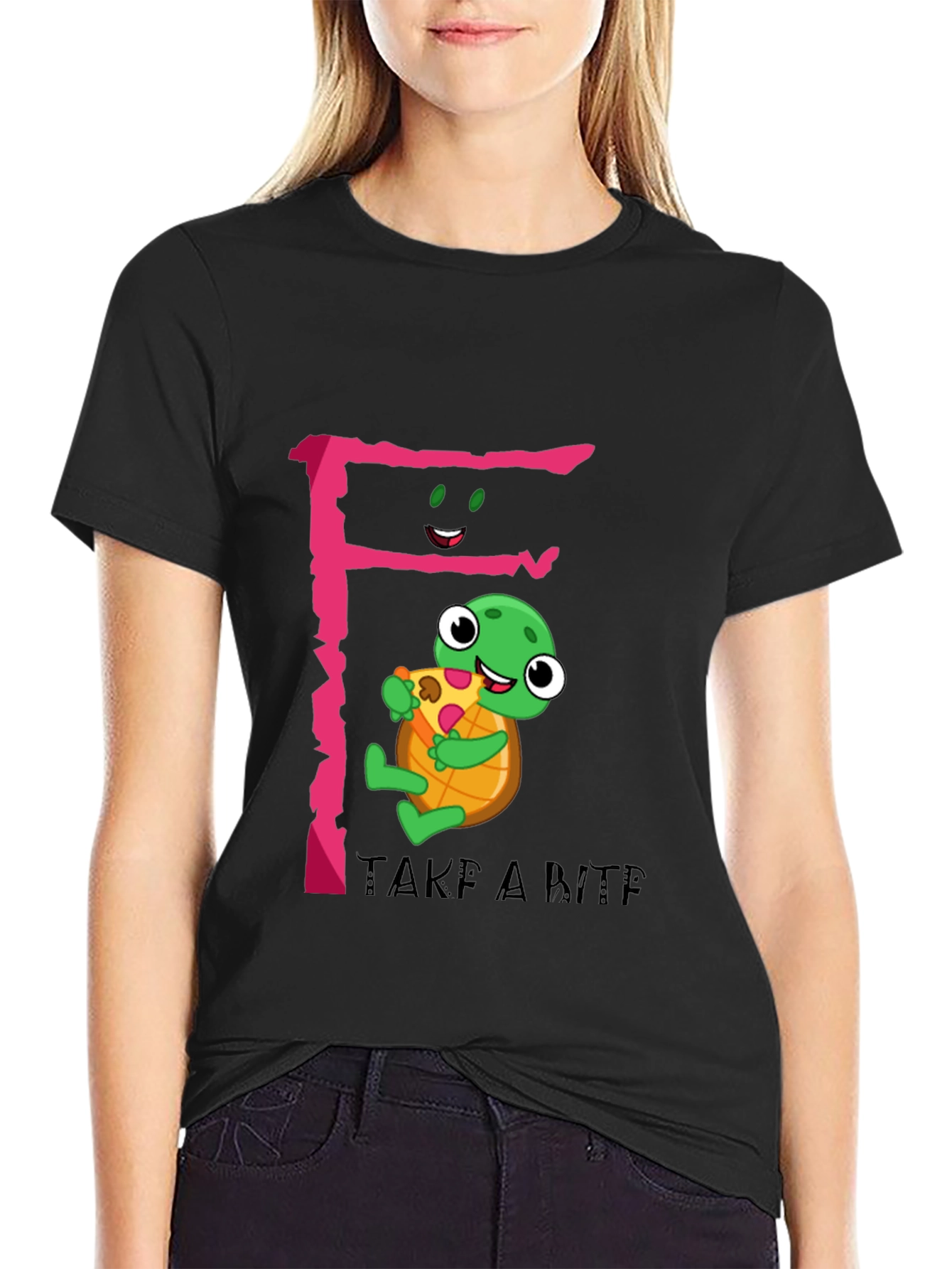 Cute Turtle Pizza Bite Black T-Shirt
